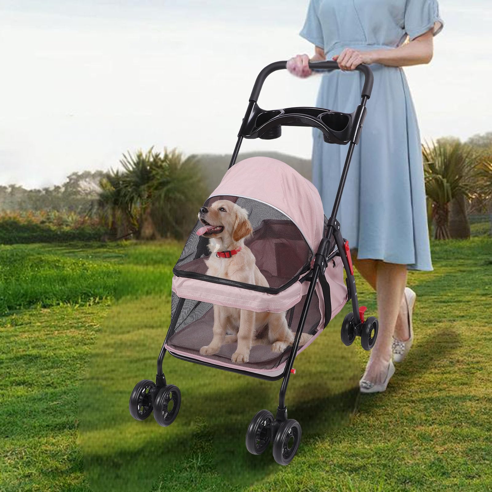 Carrito para Perros de 4 Ruedas, Joggador Plegable con Cubierta Solar, Portavasos, Almohadilla y Bolsa Trasera, Malla Transpirable