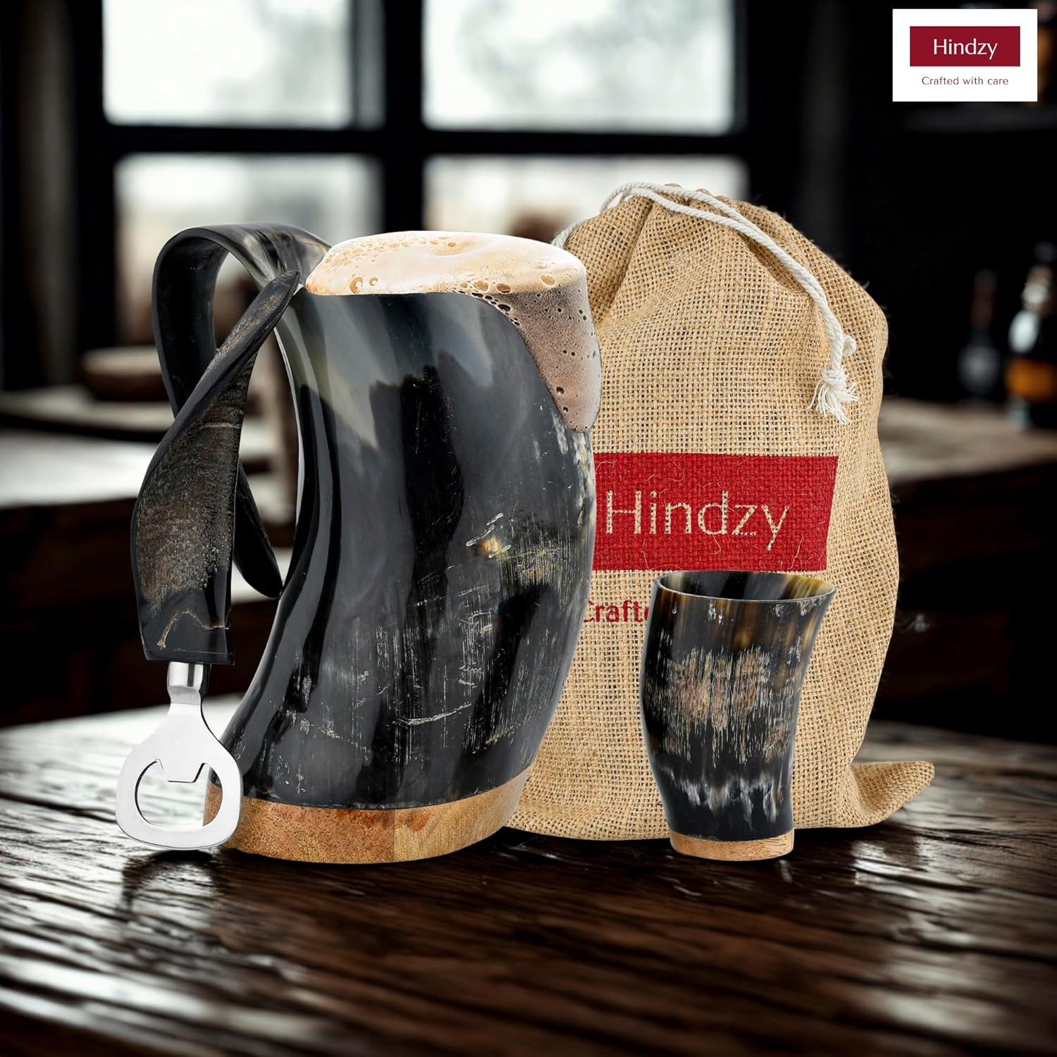 Viking Drinking Horn 16oZ | Shot Glass and Bottle Opener | Leak Proof and Wooden Bottom | Gifts for Men and Women