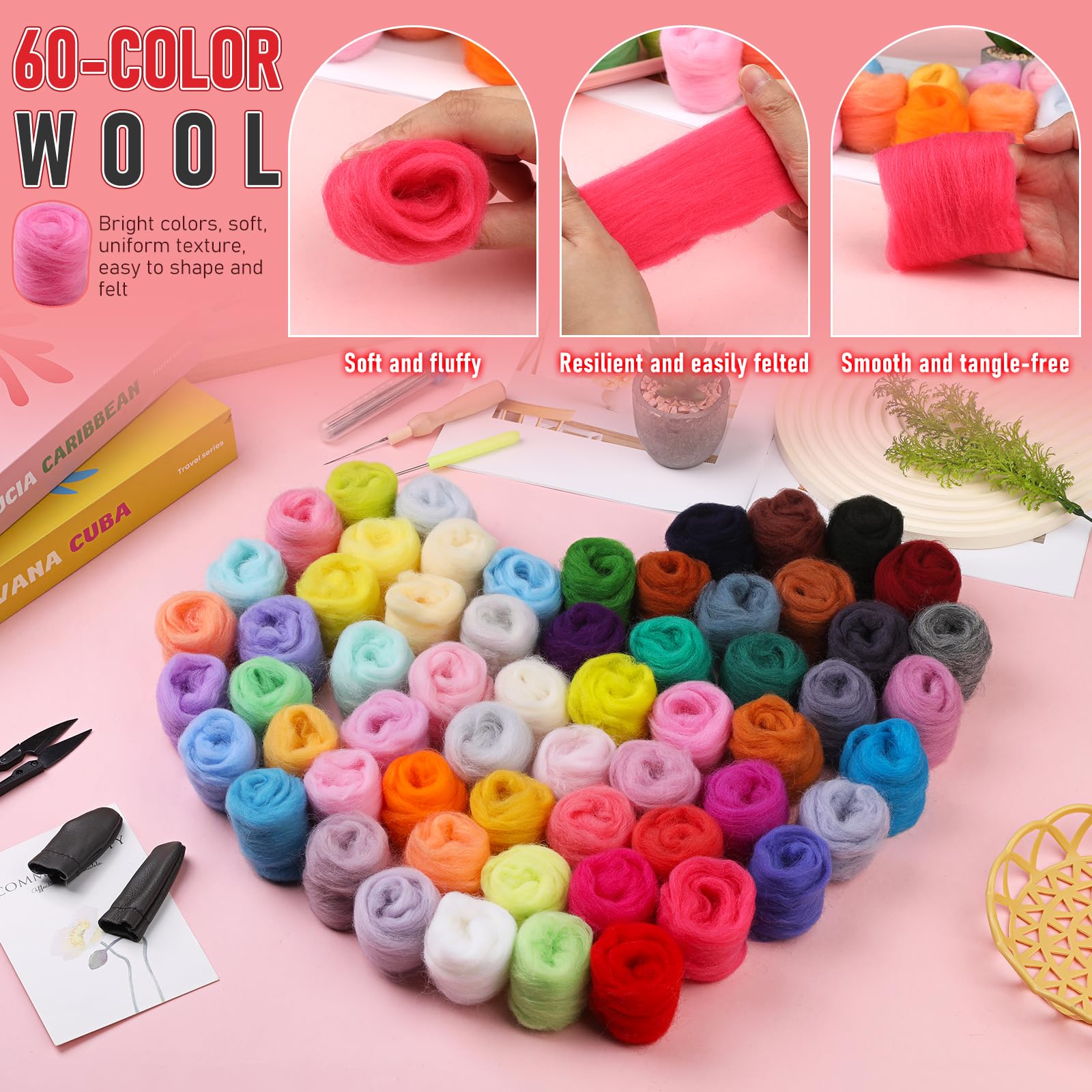 Jupean 204-teiliges Filz-Set, Nadelfilz-Set für Anfänger, 60 Farben, Wollfilzwerkzeug-Set mit farbkodierten Filznadeln, Schaumstoffmatte, Nadelfilzzubehör für Bastelarbeiten