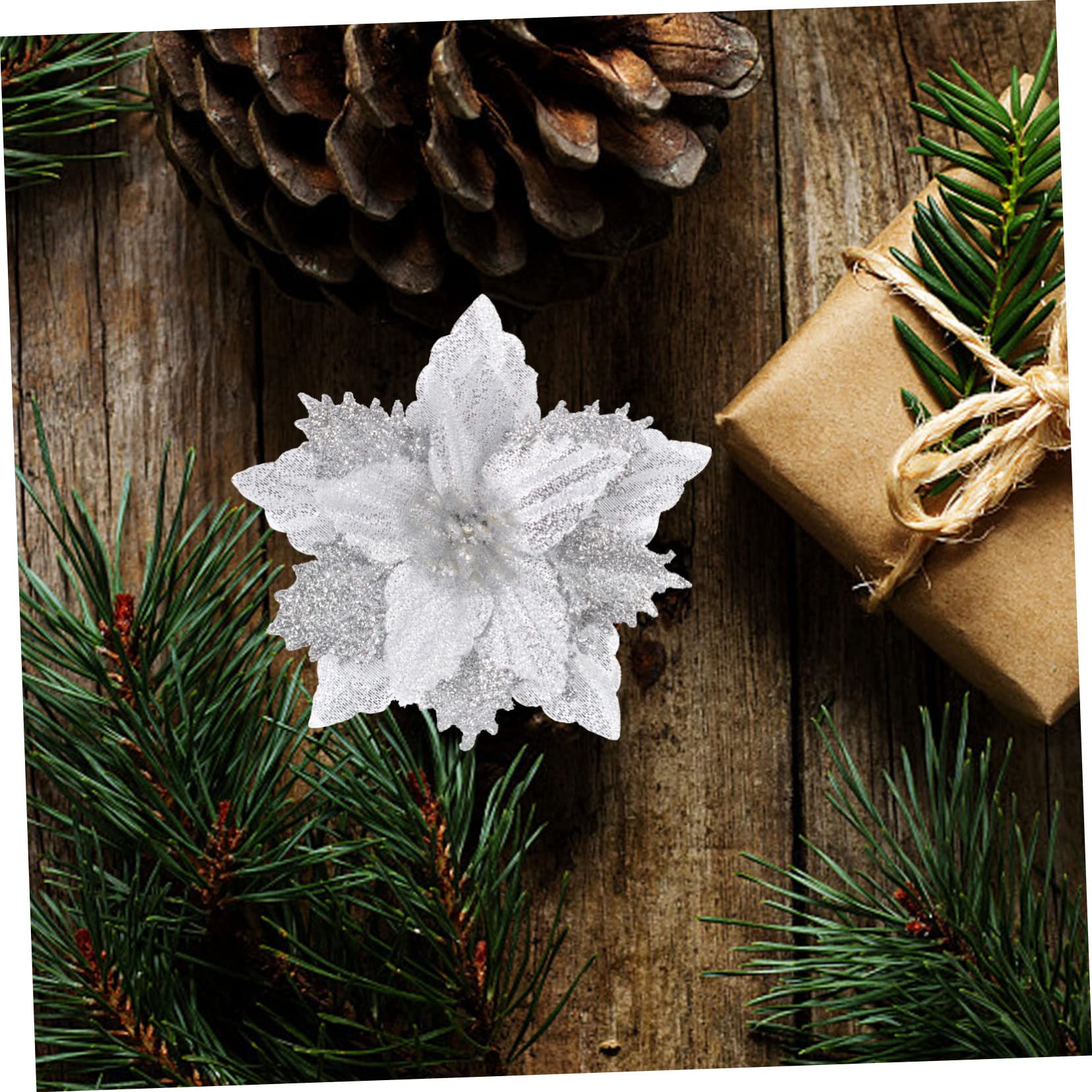 64 pcs Fleur de Noël Artificielle Fleur de Noël Fête Fleur Prop Poinsettia Fleurs Artificielles Noël Paillettes Fleurs Vacances Paillettes Poudre Fleurs Artificielles Arbre de Noël
