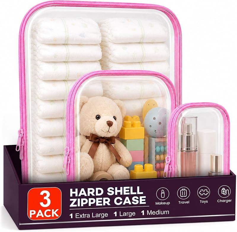 Necessaires rígidas transparentes com zíper GigabitBest, pacote com 3 tamanhos, rosa