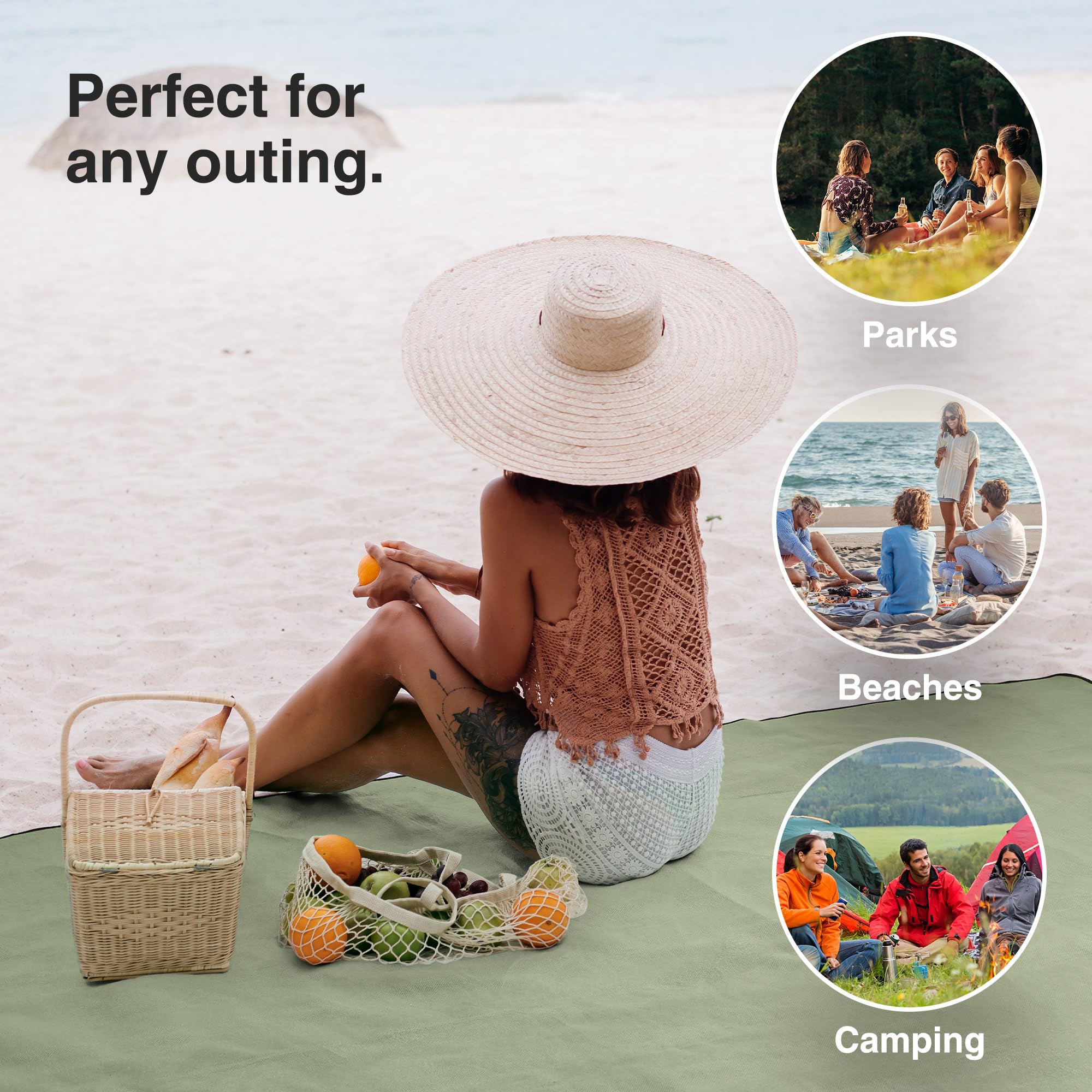 VonShef Picnic Blanket, Green Herringbone Extra Large Outdoor Rug with Waterproof Backing, 10 Person Weatherproof Picnic Mat with Faux Leather Handle, Water Resistant Camping Accessories, 200x300cm — view 5