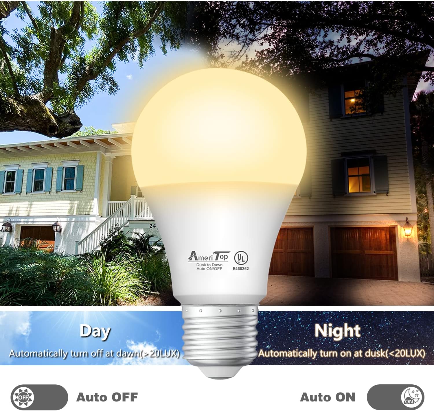 AmeriTop Dusk to Dawn Light Bulb- 4 Pack, A19 LED Sensor Light Bulbs; UL Listed, Automatic On/Off, 800 Lumen, 9W(60 Watt Equivalent), E26 Base, Indoor/Outdoor Lighting Bulb (3000K Warm White)