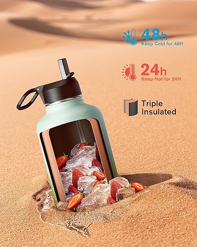 Miniatura 2 de Botella de agua de medio galón aislada con popote y 3 tapas, jarra de agua Coolflask de 64 onzas, tamaño grande de metal de acero inoxidable, boca