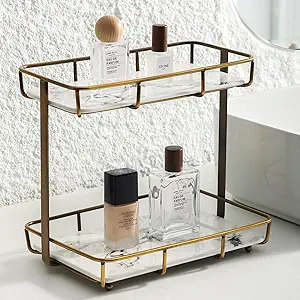 Bathroom Organizer Countertop Perfume Organizer Makeup Organizer Cosmetics Storage Display Rack Vanity Tray Dresser Stainless Steel Gold Shelf White Marble Ceramic Tray