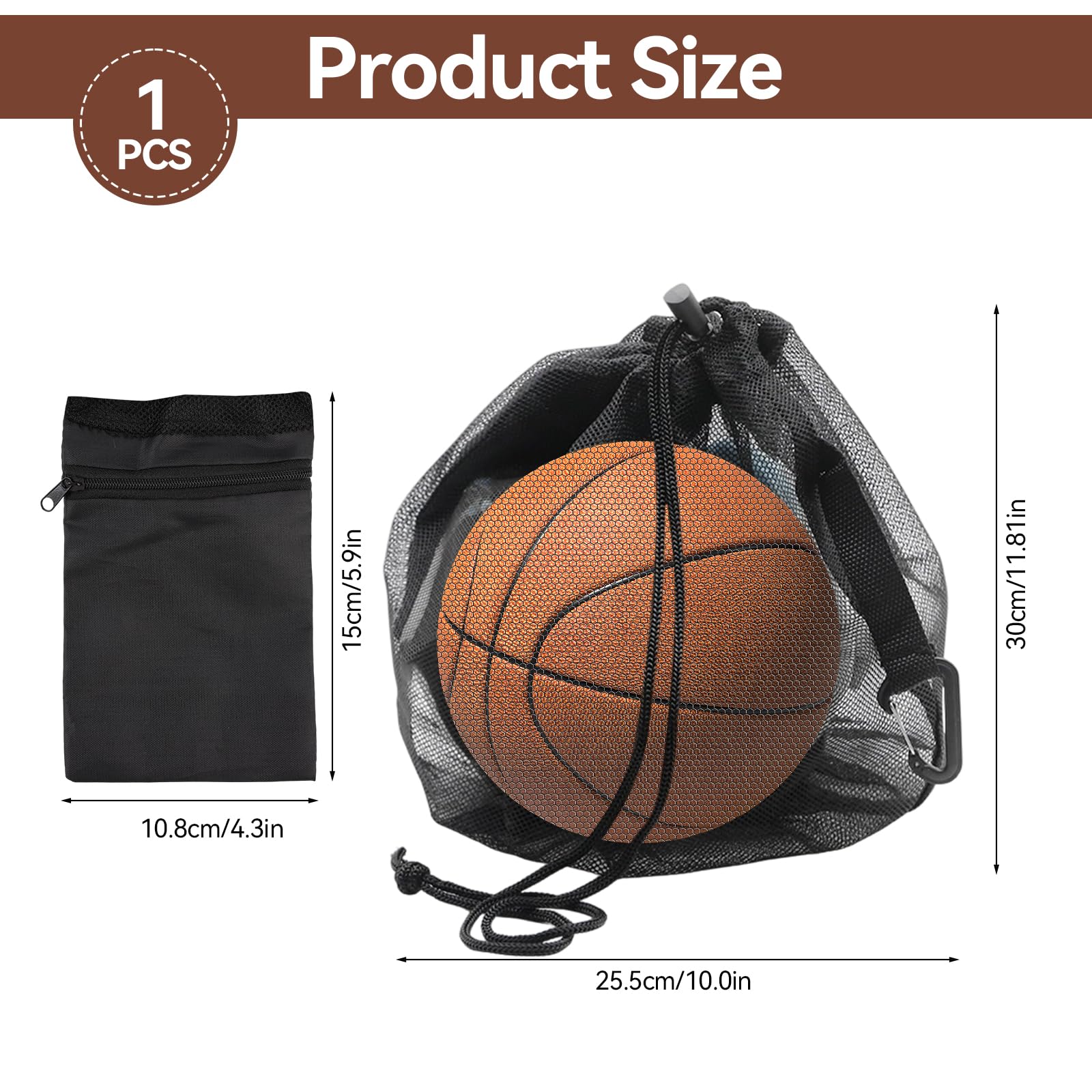 Sac à Ballon Filet avec Cordon de Serrage et Mousqueton Poche Zippée pour Basket-Ball Football Volleyball