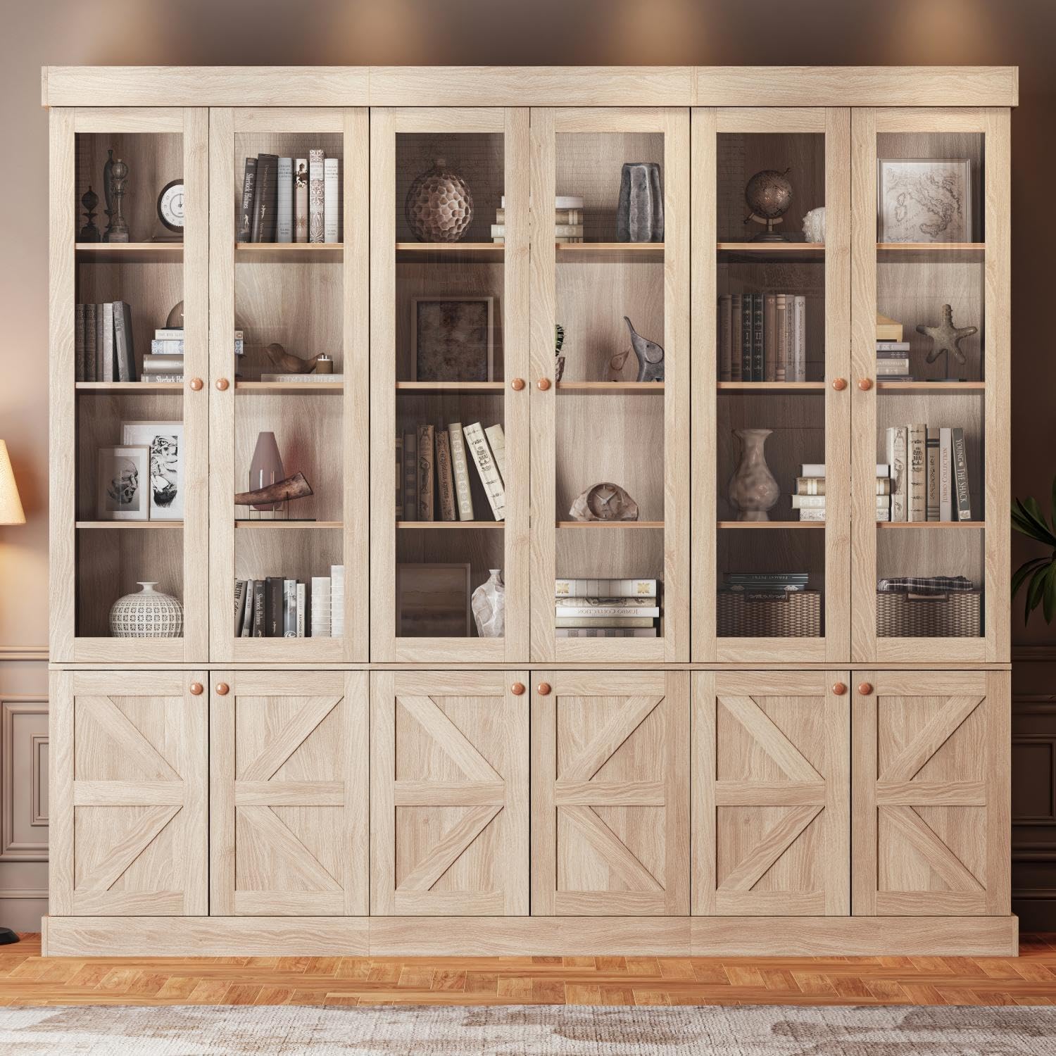 Vyre 71" Tall Farmhouse Bookshelves with Glass Doors, Set of 3 – Large Modular Bookcase with Adjustable Shelves, Storage Cabinet for Living Room, Kitchen, Home Office, Brown