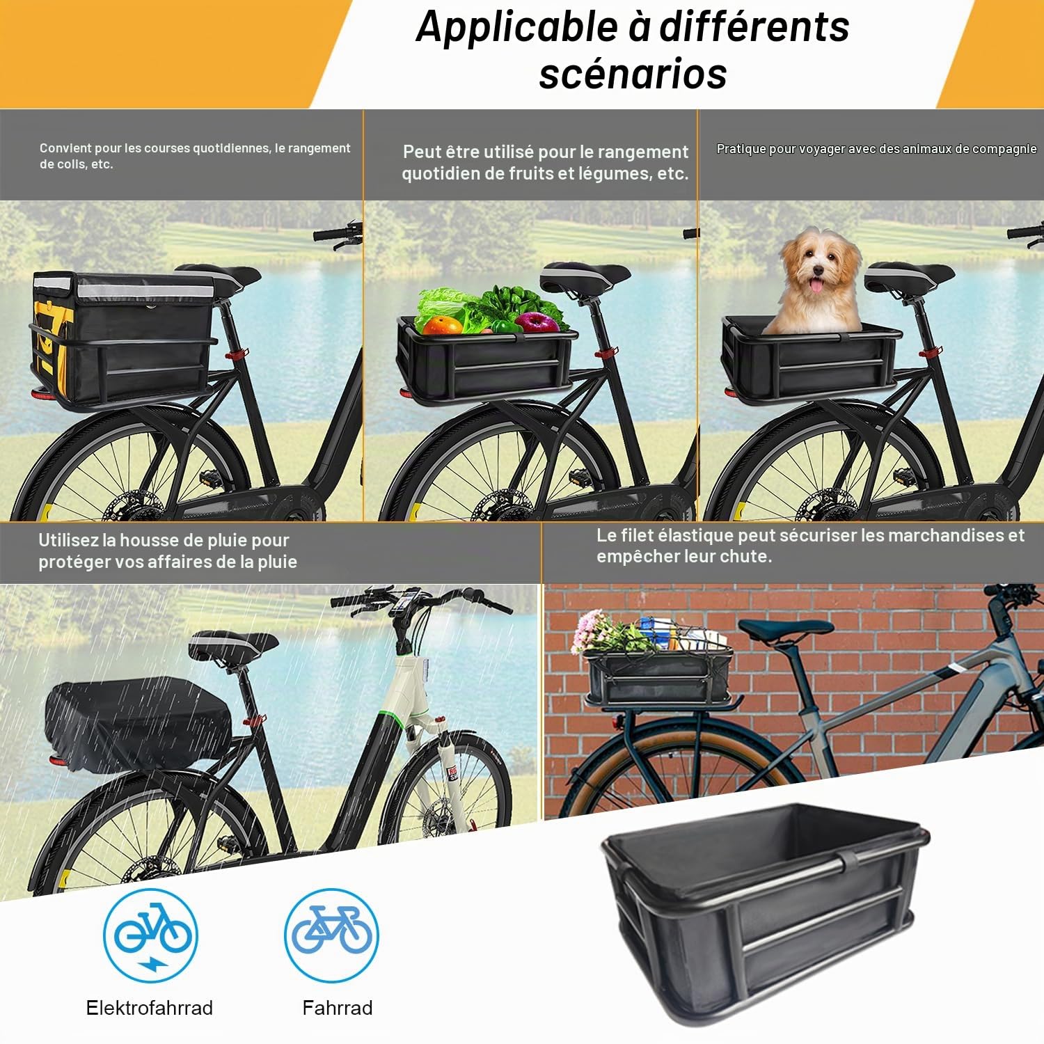 Panier de vélo arrière, grand panier de vélo Pro en métal à l'arrière, panier de vélo robuste porte-bagages arrière pour la plupart des vélos et vélos électriques pour les randonnées à vélo