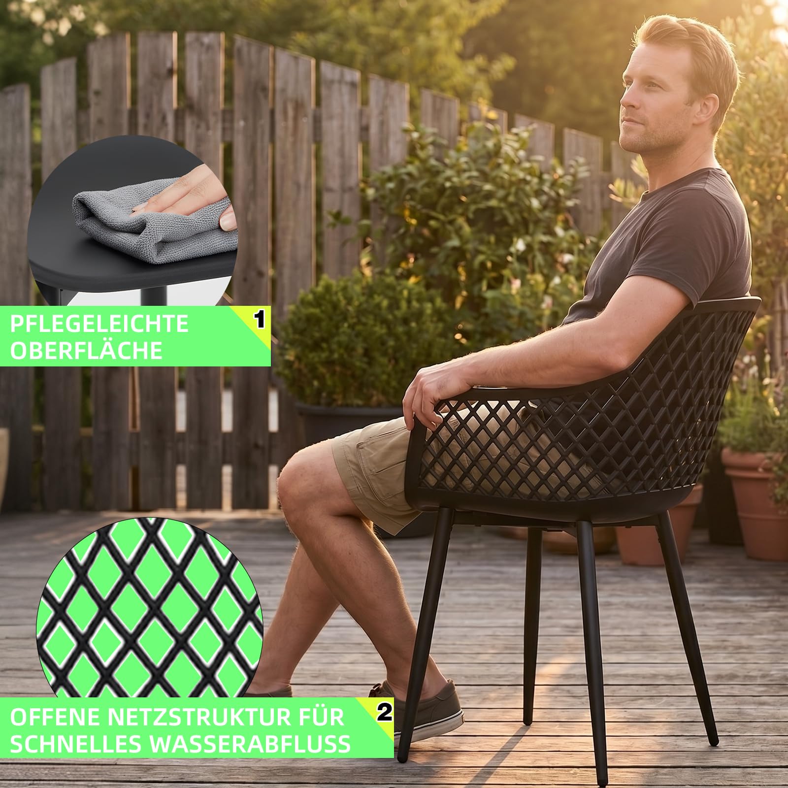 Gartenstuhl 4er Set, Outdoor Stuhl 120kg Belastbar, Wetterfest & UV-Beständig, Gartenstühle mit Armlehne, für Garten, Terrasse, Balkon & Außen, Armlehnensessel Loungesessel, Schwarz