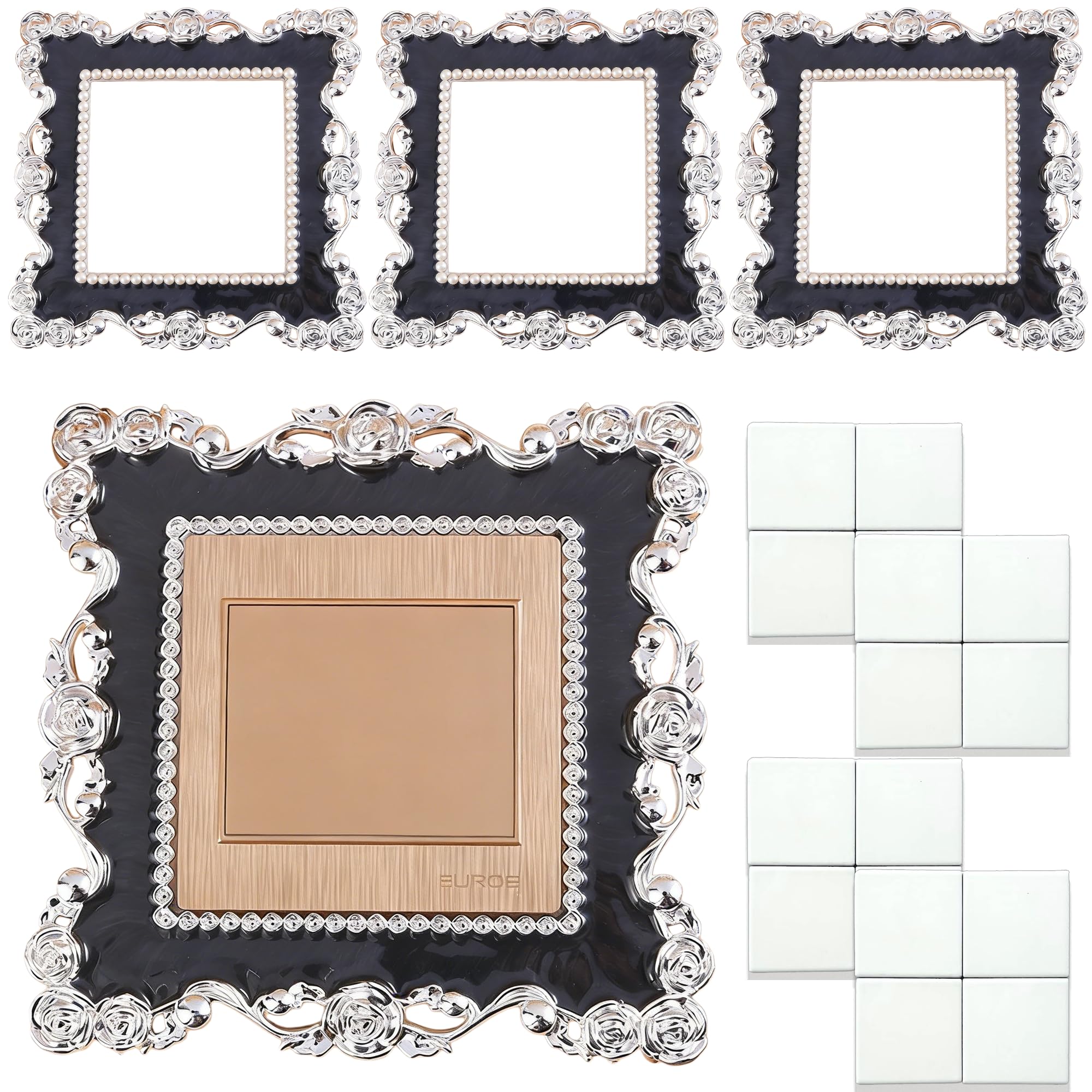 Light Switch Surround, Light Switch Cover Plates, Finger Plates for Light Switches, DWUENT 4PCS Silver Black Switch Surround Frame, 8.6x8.6cm, Decorative Wall Switch Covers