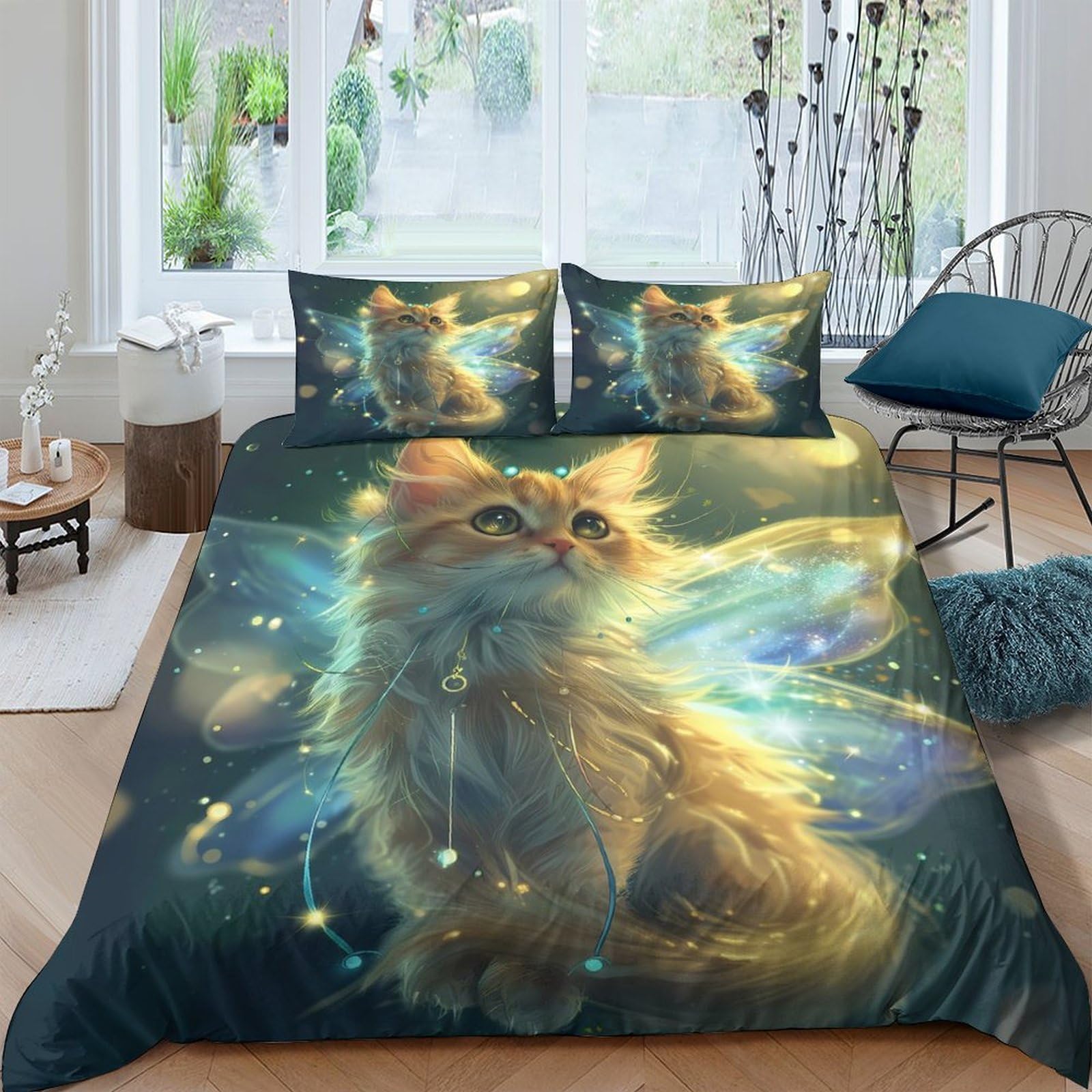 Ctjqhvkz Style-5 3D Printed Fantasy Cat Fitted Sheet Microfiber Bedroom Decor Fairy Wings Mattress Cover Anti-Slip Machine Washable Single（135X200cm）