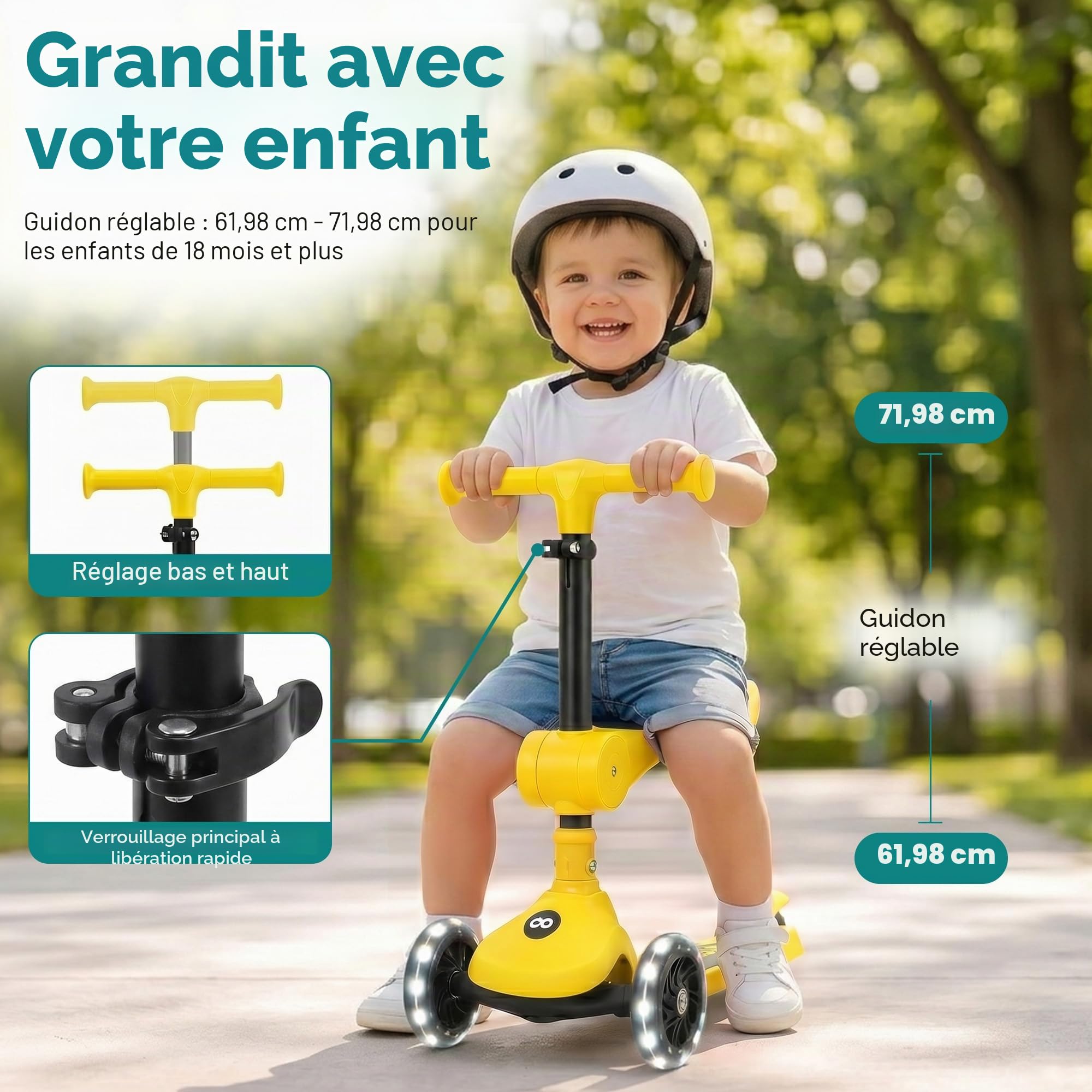 SereneLife Trottinette Enfant 2 en 1 avec Siège – 3 Roues Pliable, Hauteur Réglable, Roues LED