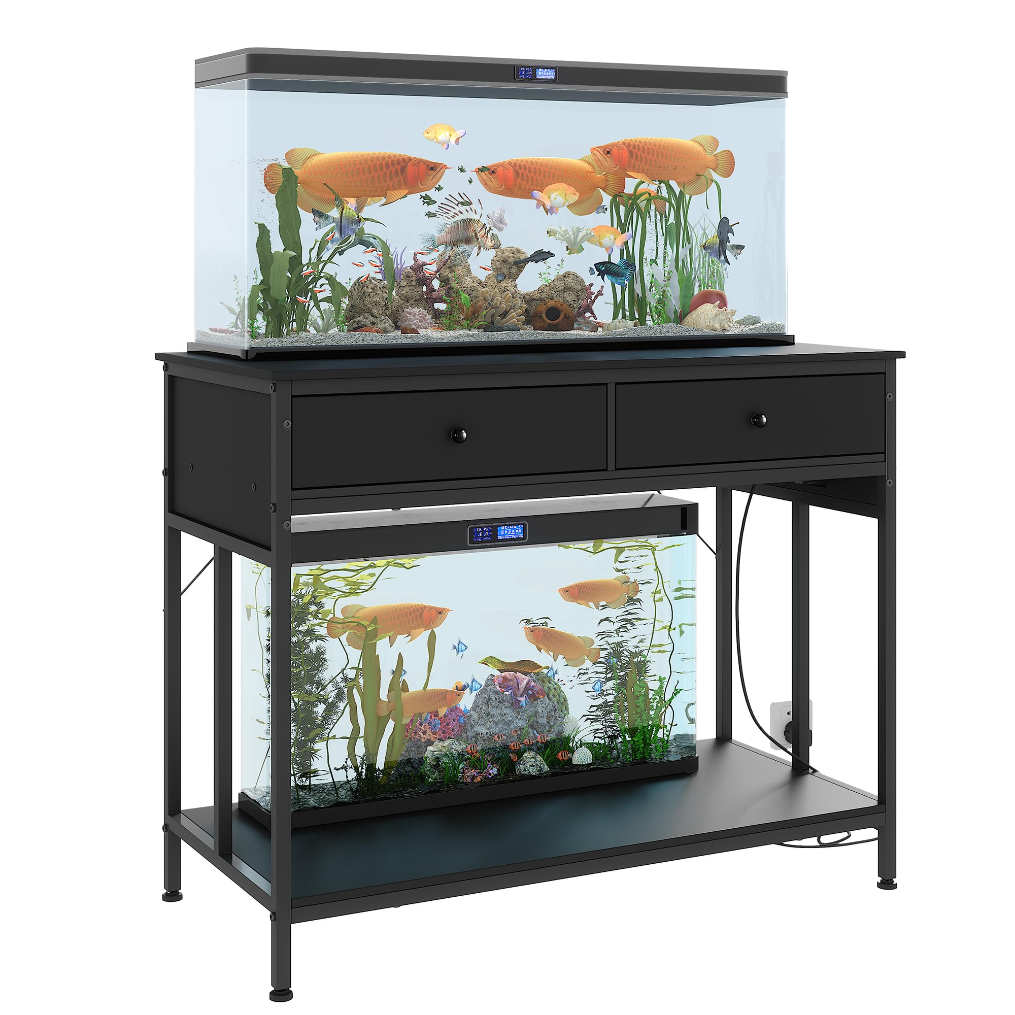 GarveeHome 40-50 gal Aquarium Stand with Power Outlet, 39.4 in x19 in Metal Frame Fish Tank Stand with Storage Drawers, Reptile Tank Stands Adjustable Height, 660 LBS Capacity Black, Black
