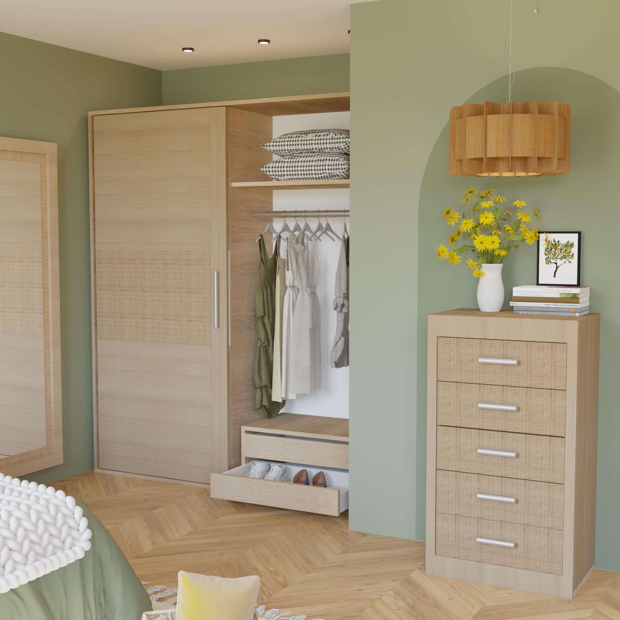 duehome | Pack de Dormitorio con Cabecero + 2 mesitas de Noche + Sinfonier + Espejo + Armario y Cajonera Interior, Dormitorio Completo, Modelo Kira 5c Plus, Acabado en Tofe y Textil