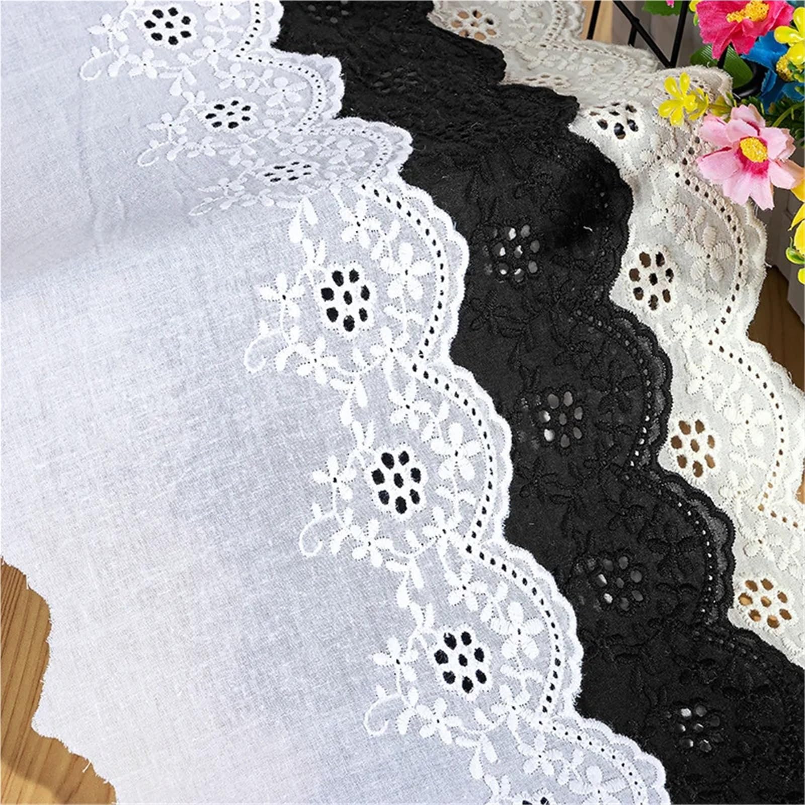 Cinta De Encaje De Algodón Con Ojales Tela de algodón con flores huecas 5 yardas, adorno encaje bordado, ropa 13CM, vestido, puños DIY, tela for escote(Beige apricot,14.5-15 Yards)
