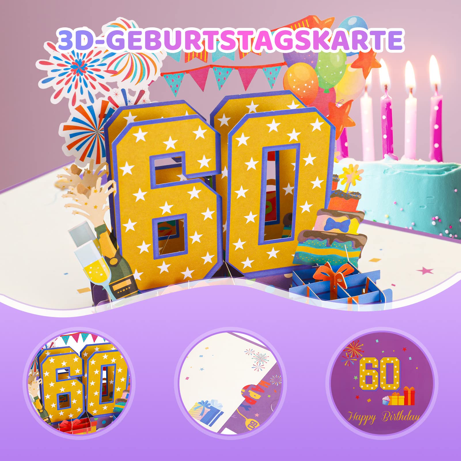 Biglietto di auguri pop-up 3D per 60° compleanno, con busta