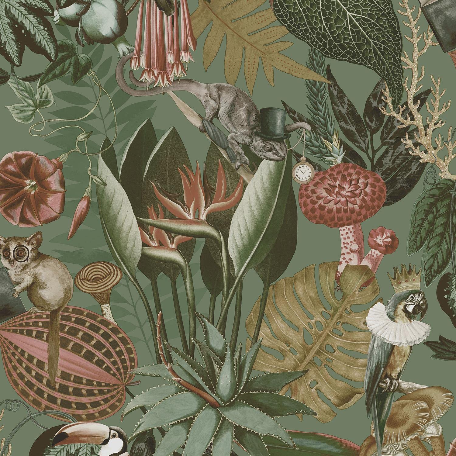 Yöl Green Wonderland Jungle Floral Birds Animals Exotic Sage Smooth Wallpaper