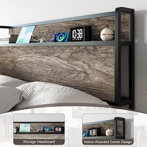 Miniatura 6 de AMERLIFE Marco de cama de almacenamiento elevable, tamaño Queen, marco de cama de plataforma de madera con estación de carga y almacenamiento de