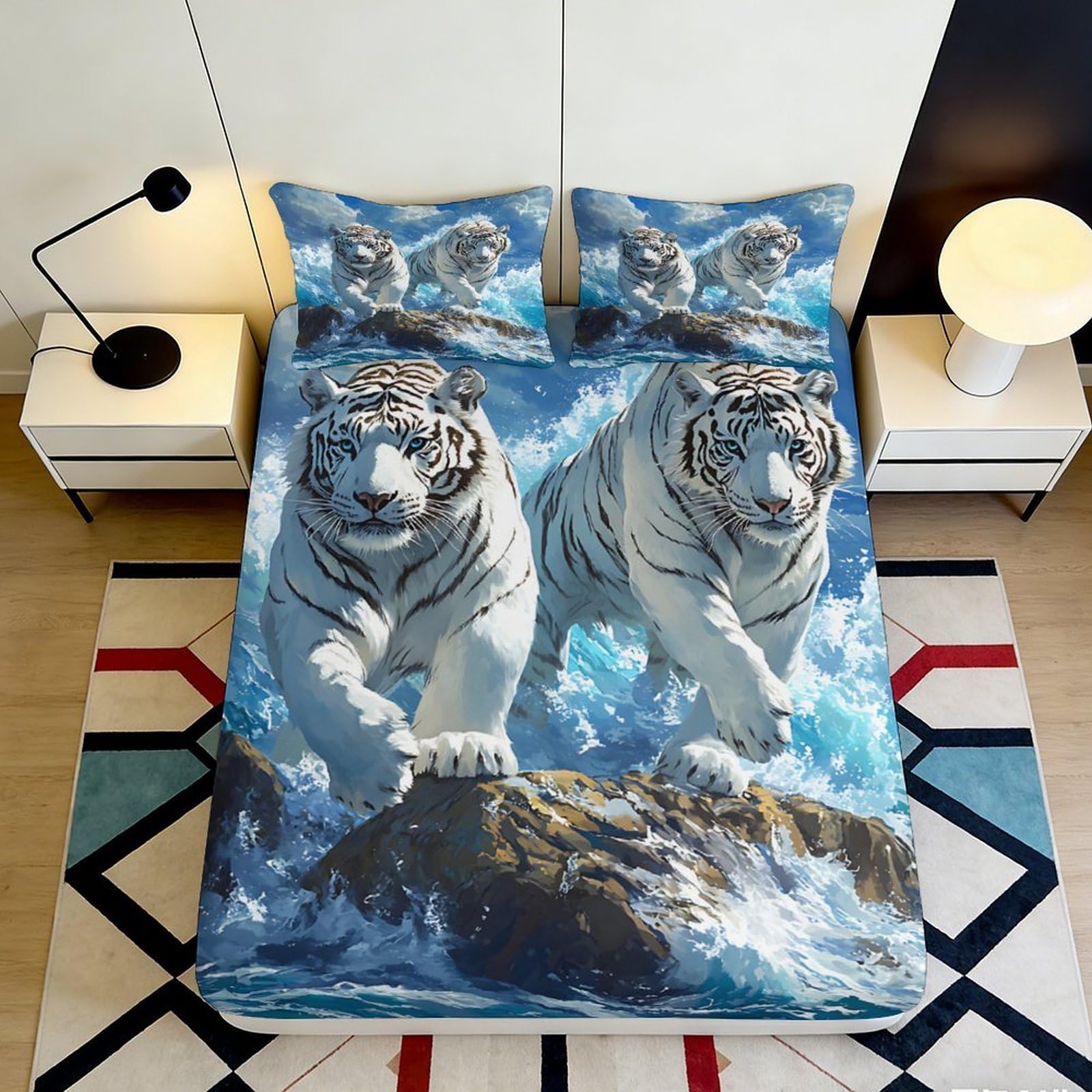 3D Printed White Tiger Fitted Sheet Microfiber Soft Blue Ocean Mattress Cover for Bedroom Guest Room Decor 90x200x25cm