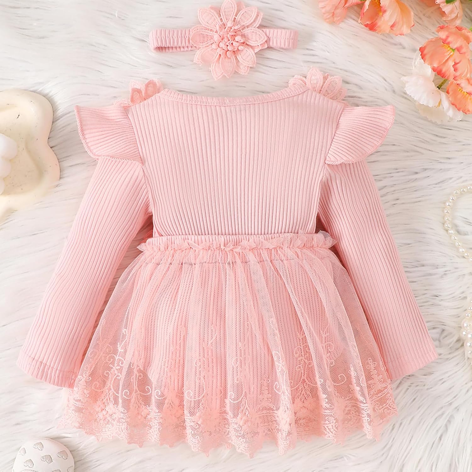 FYMNSI Toddler Baby Girls Long Sleeve Ribbed Knit Lace Ruffle Floral Romper Tutu Dress Headband Newborn Fall Winter Dresses