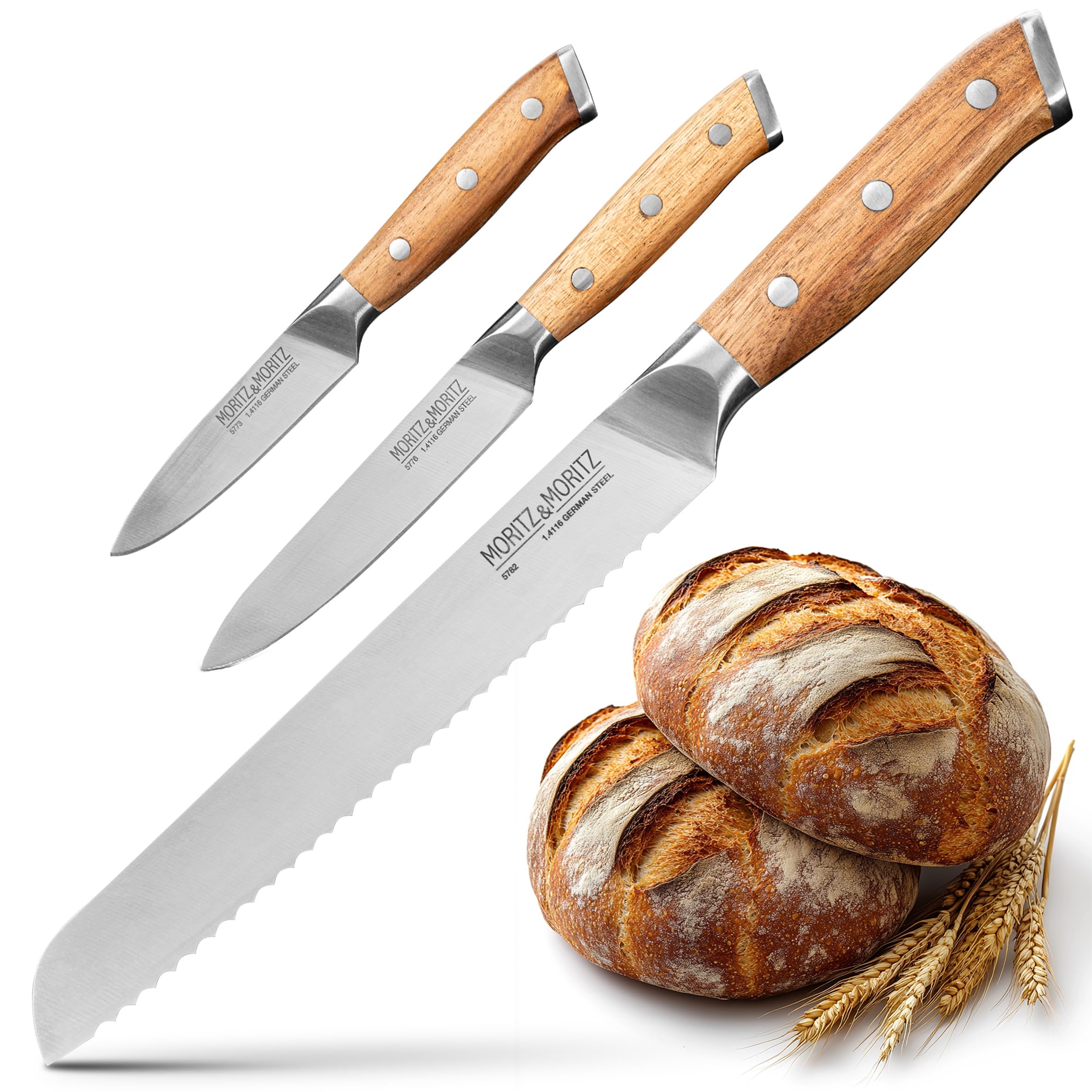 Moritz & Moritz Starter Messerset 3-teilig bestehend aus Universalmesser, Brotmesser und Gemüsemesser – ultrascharf, Ergonomisch und langlebig für präzise Schnitte - Messer Set perfekt für Hobbyköche