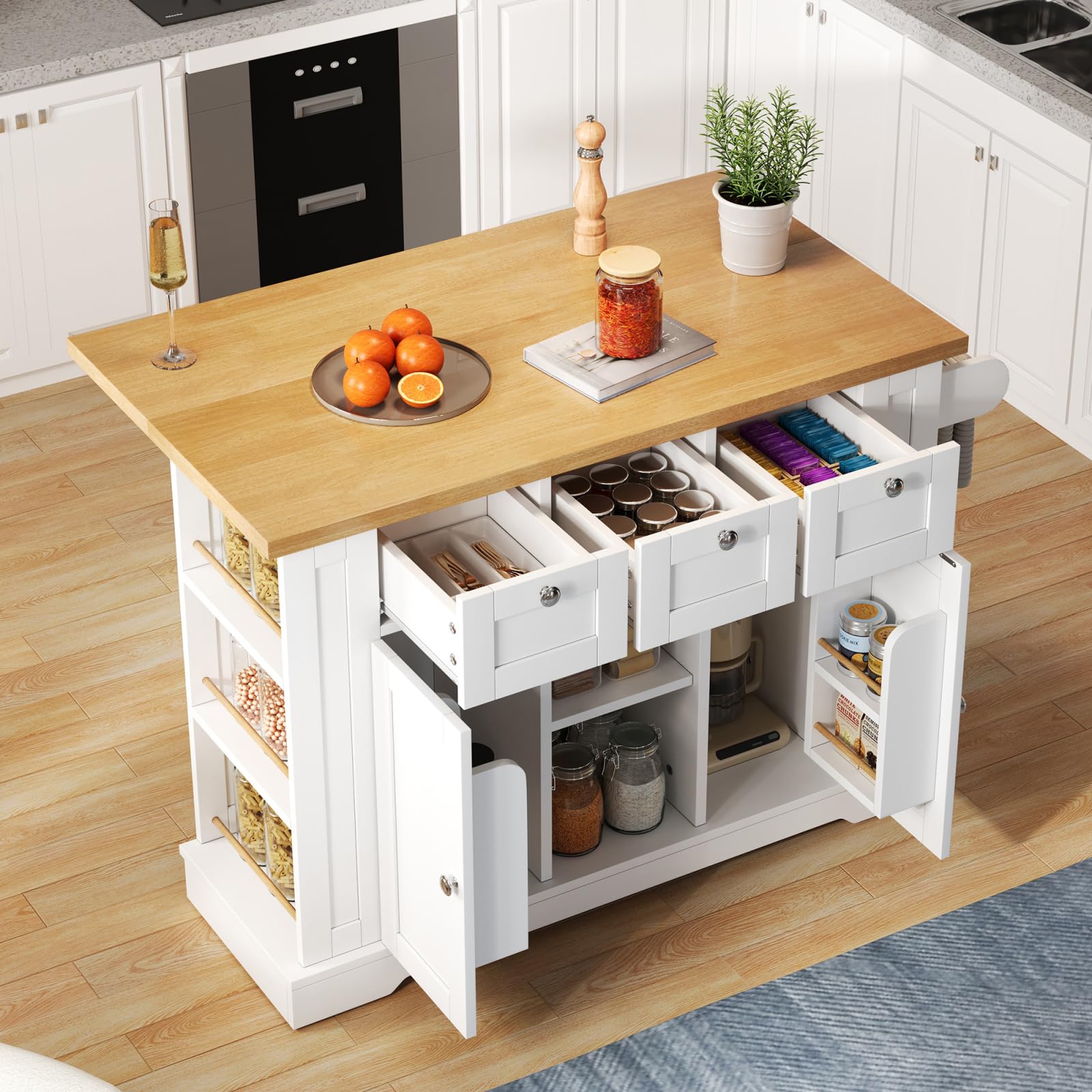 Wyspa kuchenna ze składanym blatem roboczym, wózek kuchenny z 2 drzwiami i 3 szufladami, wózek kuchenny z wbudowanym gniazdkiem, do kuchni i jadalni, 132 x 40 x 87 cm, biały