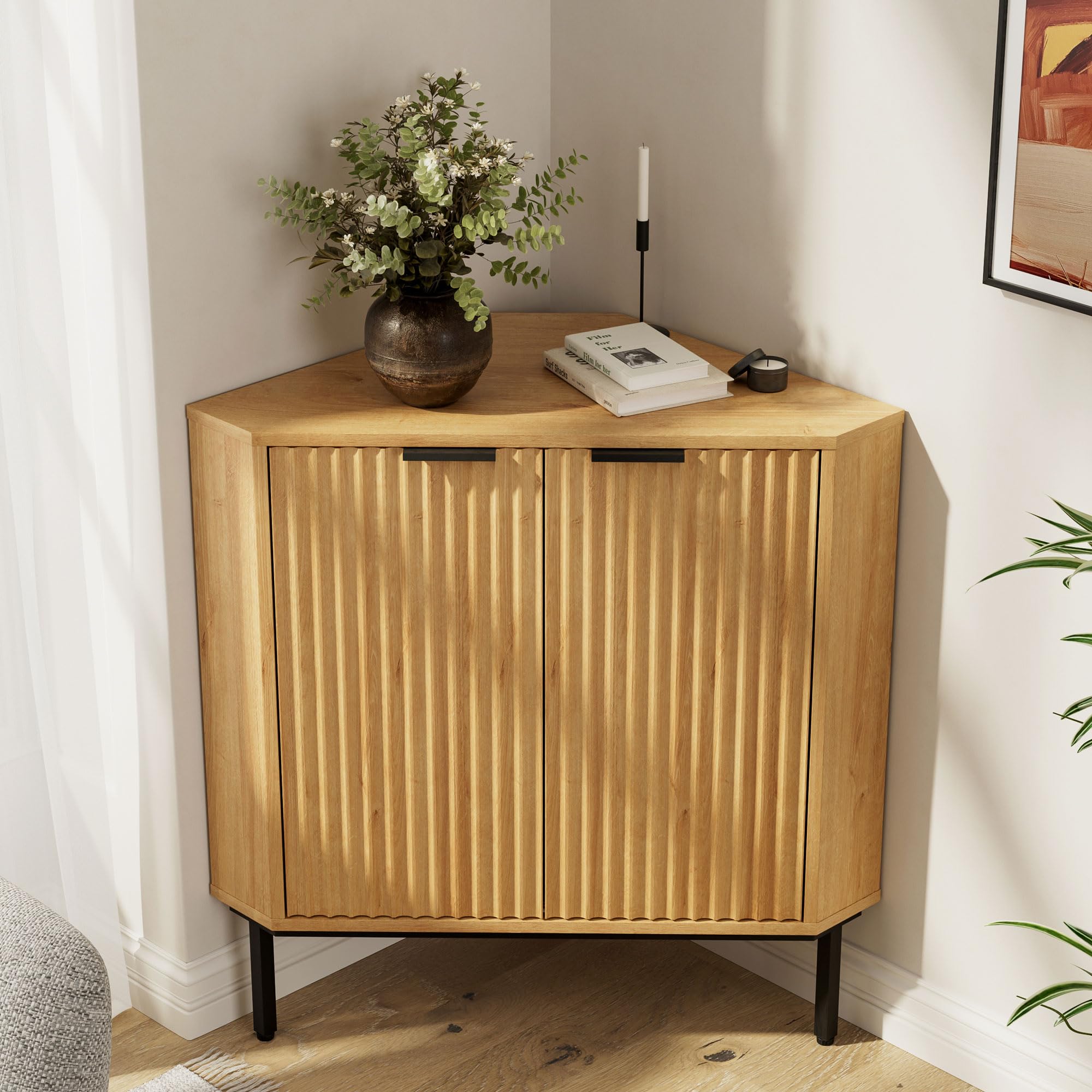 MoomJiee Modern Corner Cabinet, Fluted Small Floor Storage Cabinet with Adjustable Shelf, Freestanding Narrow Organizer for Living Room Kitchen,