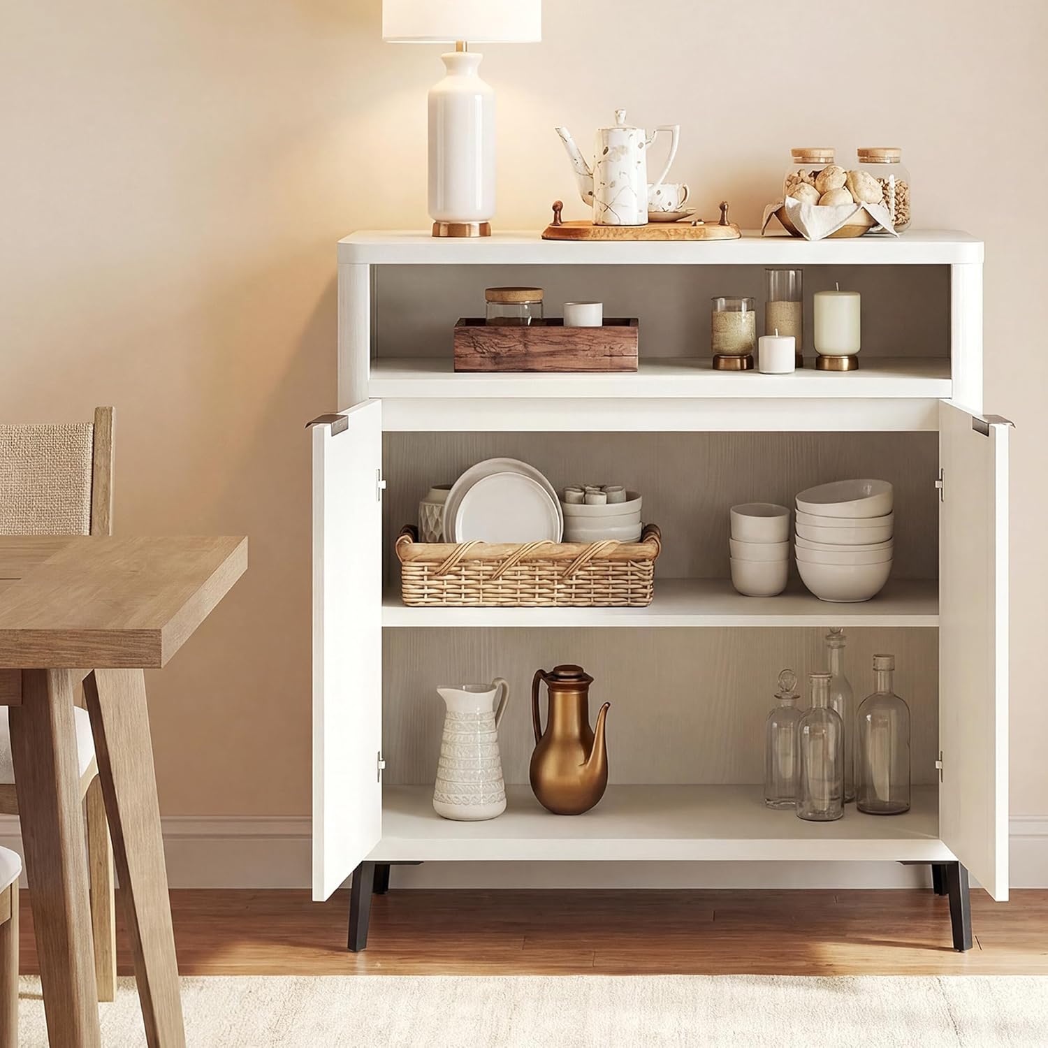 Fatmok Fluted Buffet Cabinet with Storage, 31.4" Wide Wood Sideboard Credenza with 2 Doors & Open Storage Shelf, Modern Coffee Bar Table for Living Room Kitchen Dining Room,White