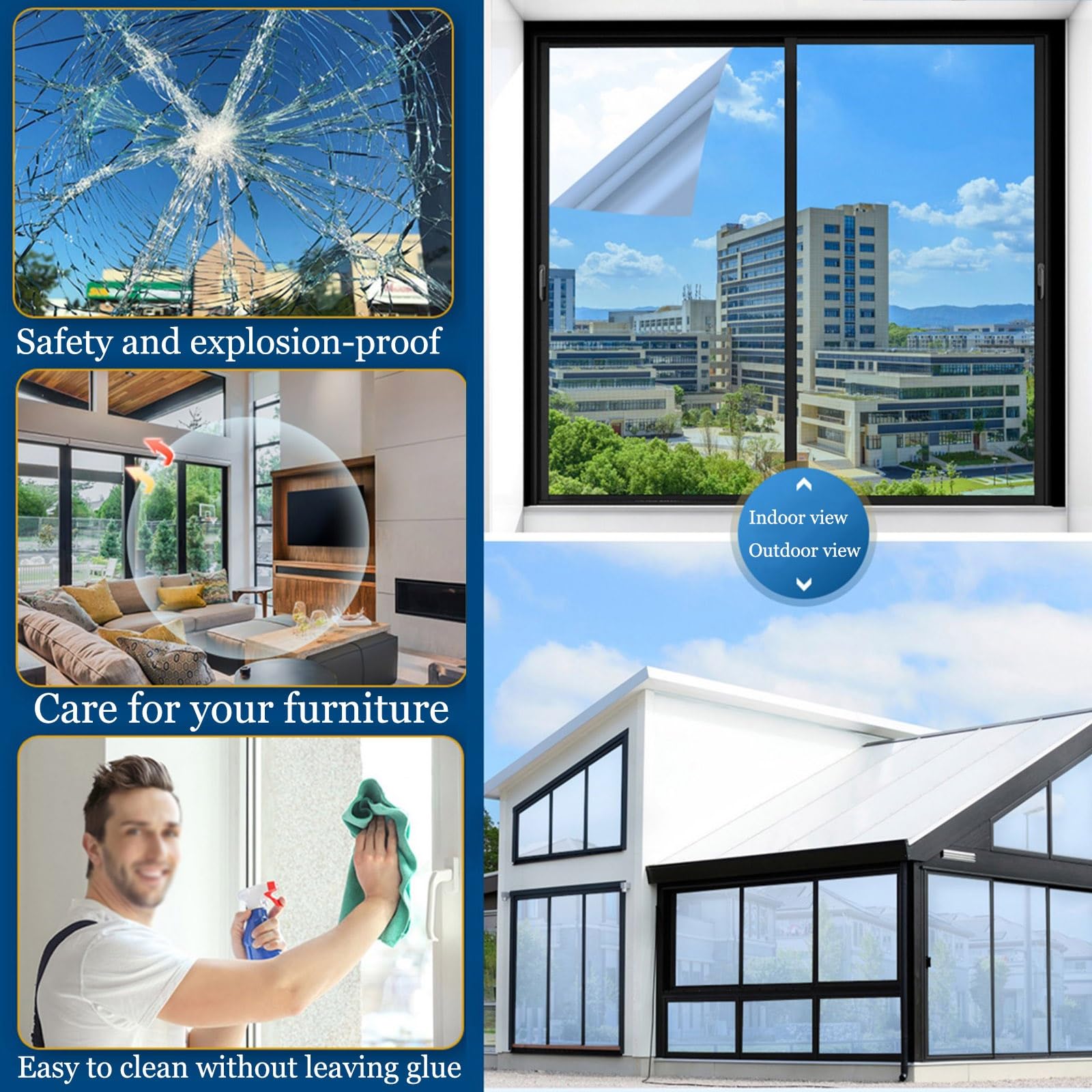 HJXGQJM Pellicola Specchio Vetri Pellicola Finestre Privacy Adesivo Oscurante da Vetro, Anti-UV E Controllo del Calore Pellicola Privacy Monodirezionale Adatto per Ufficio Casa, Blu(75x300cm)
