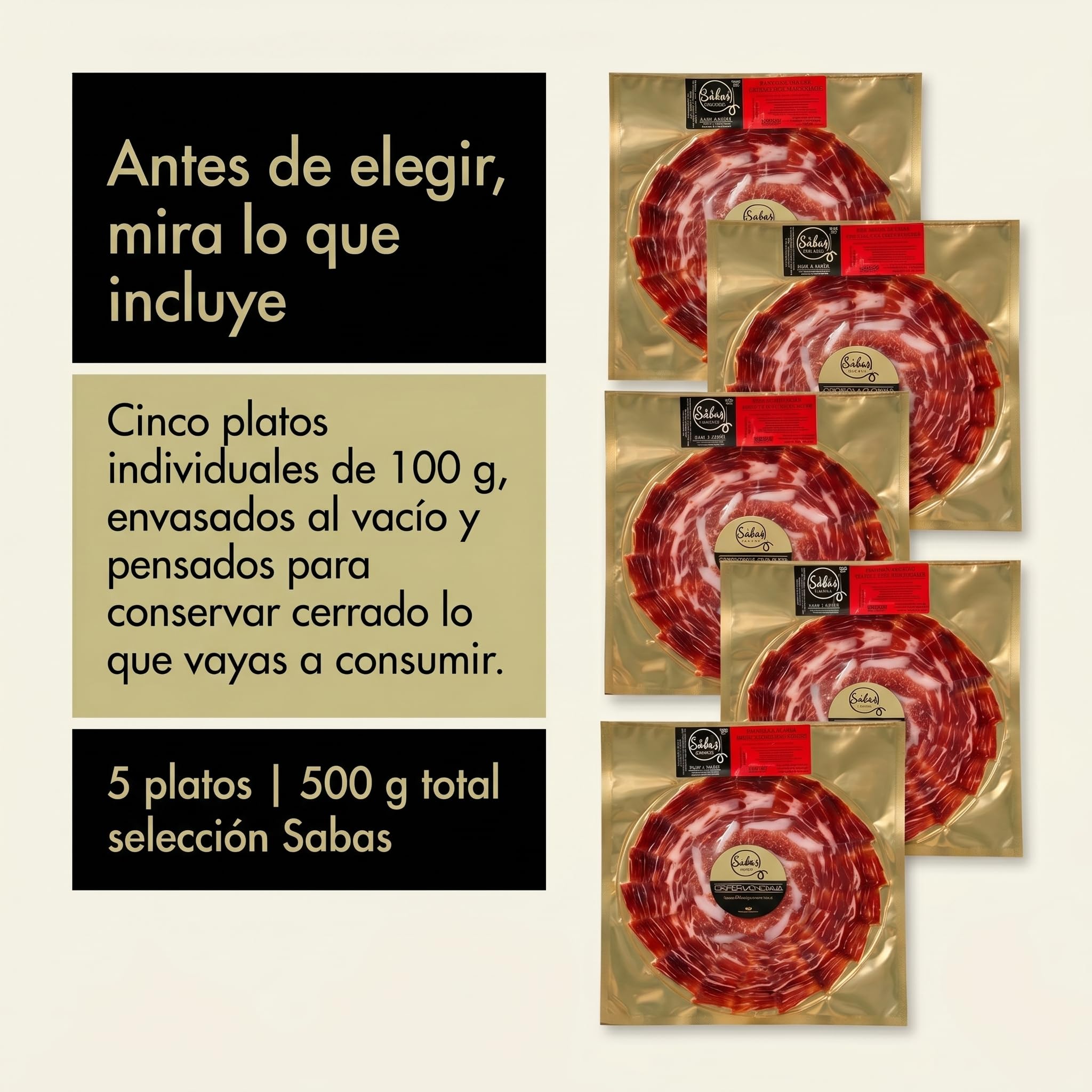 SABE A SABAS Jamon Bellota Iberico 75% Raza Iberica 5 Platos 100 g Cortado a Cuchillo Envasado al Vacio Curacion 36 Meses Loncheado Gourmet Regalo Premium Tabla Aperitivo Dehesa Espanola Fiesta