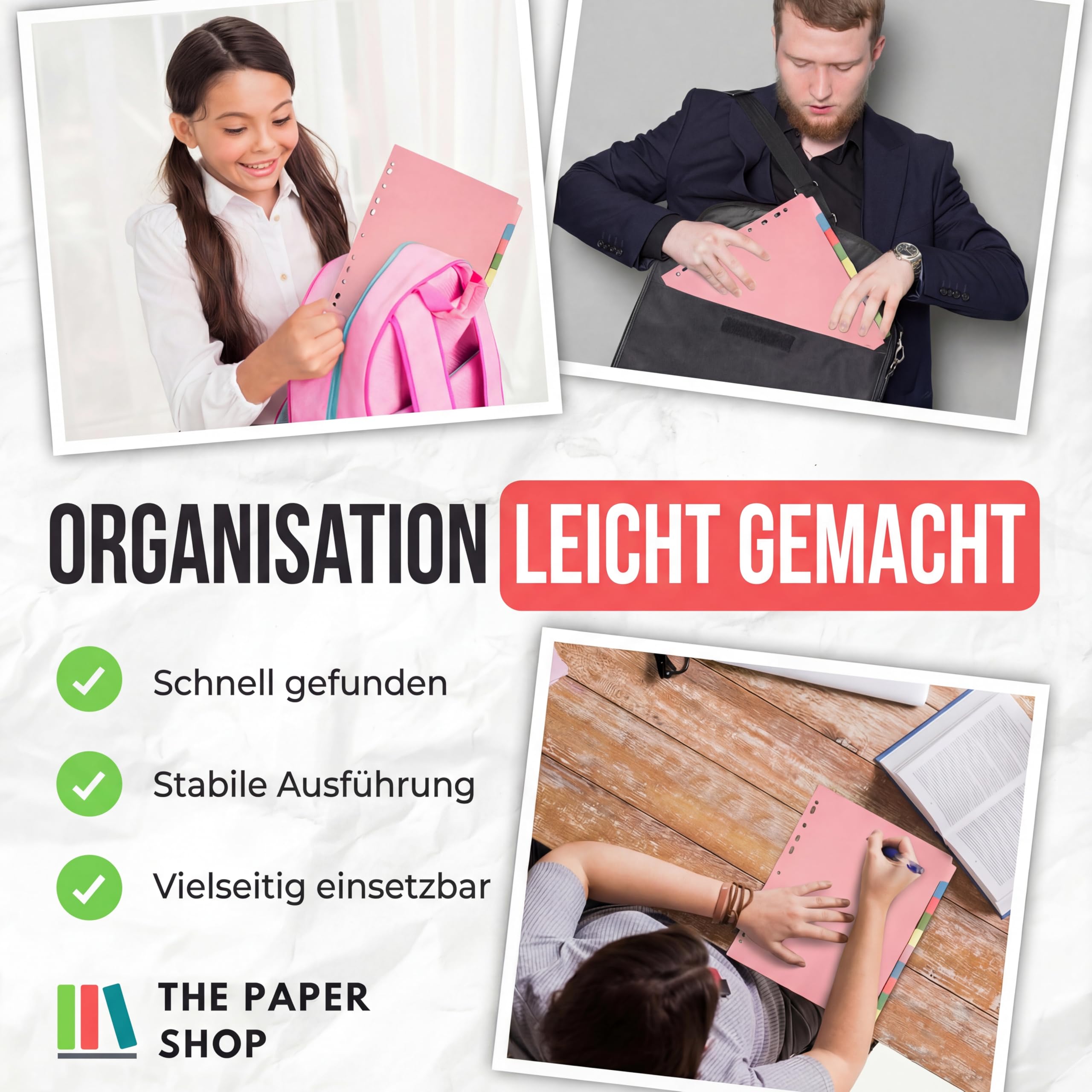 The Paper Shop A4 Ordner Register Unterteiler Hochformat 150 g/m² | 5 Pack | 10-Teilig Mehrfach Gelocht Aus Stabiler Pappe | Farbige Trennblätter für Dokumente Büro Schule Archiv Organisation