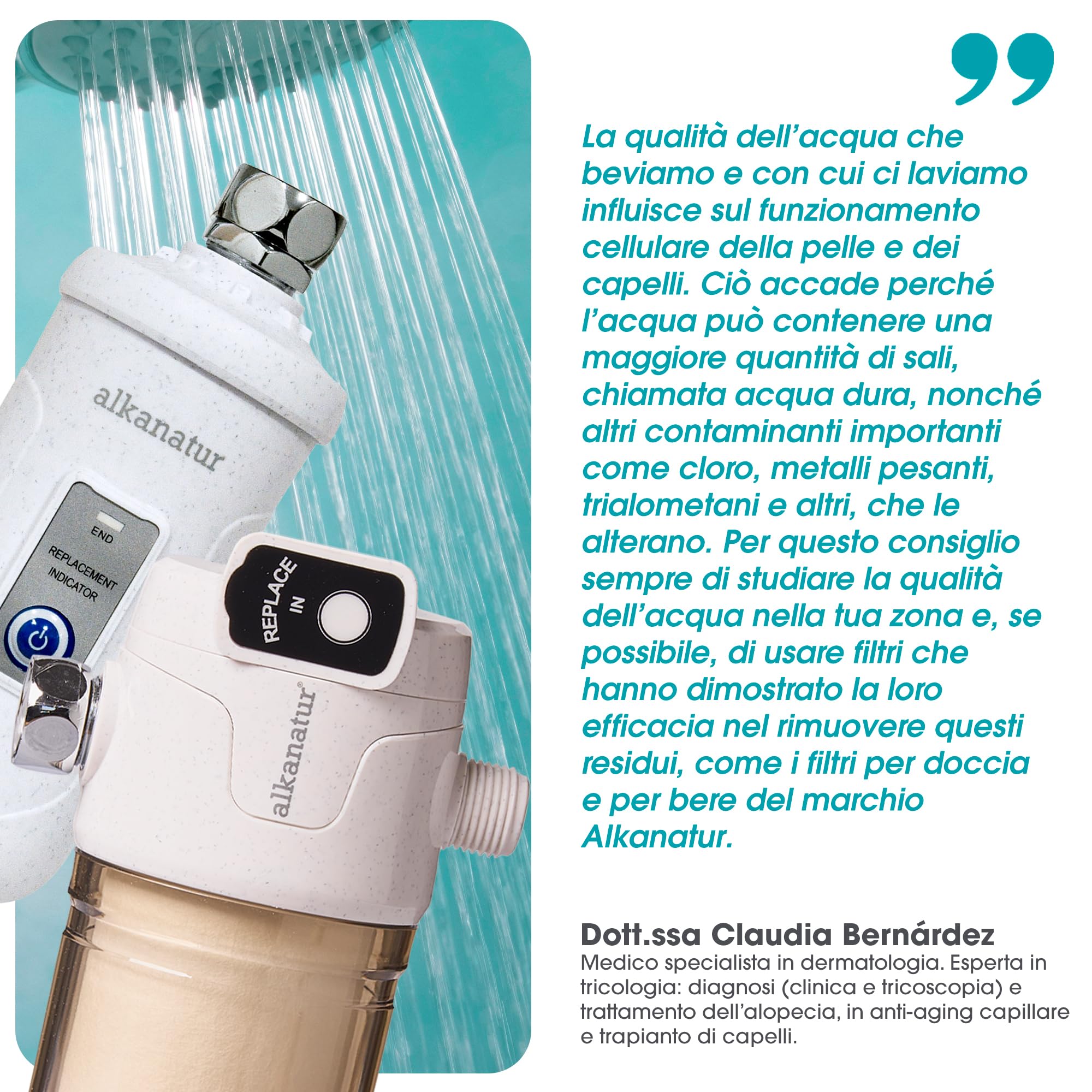 ALKANATUR Filtro doccia 30.000 L | Filtro doccia ecologico privo di solfito di calcio E226 | Elimina cloro e metalli pesanti | Filtro doccia per capelli | Facile installazione | Protegge la tua pelle