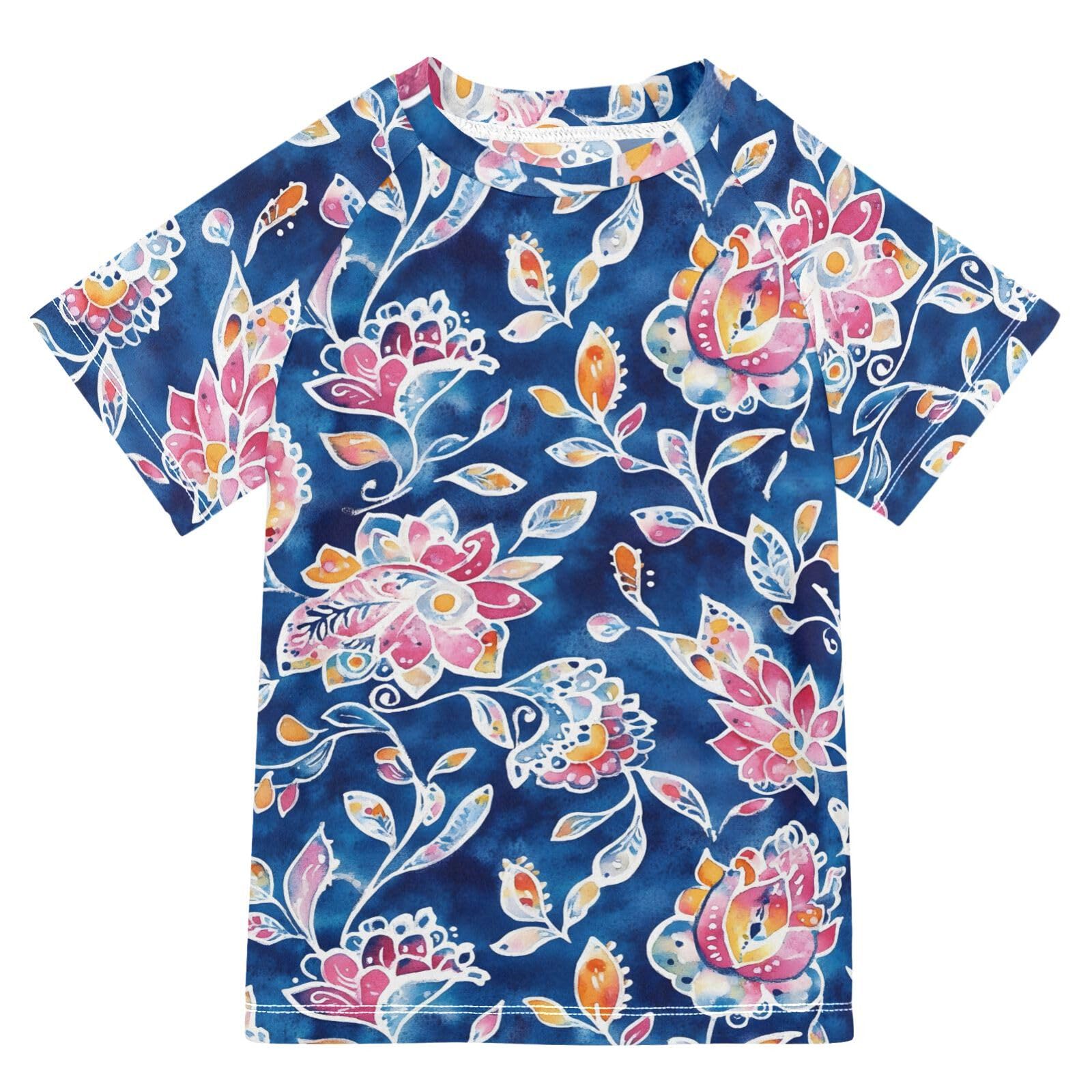 Boys Rash Guard Short Sleeve Swim Shirts for Boys Ethnic Paisley Watercolor Floral Sun Protection 7-8T