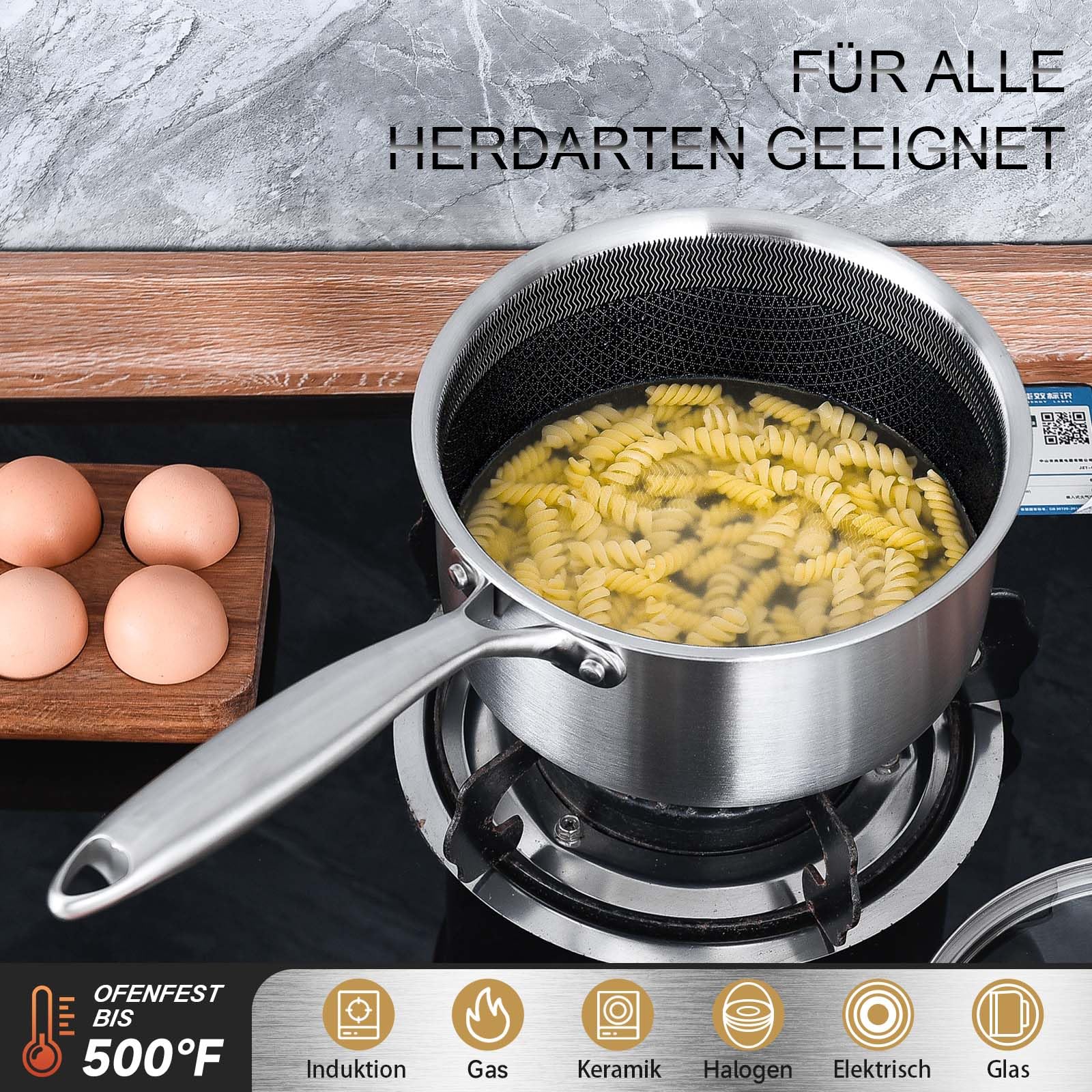 LOLYKITCH Edelstahl Kochtopf Topfset 16+18cm mit Deckel, Kochtopf Induktion | Antihaft Stielkasserolle, Hitzebeständiger Griff, Kochtöpfe für Alle Herdarten, Ofen- und Spülmaschinengeeignet, PFOA-frei