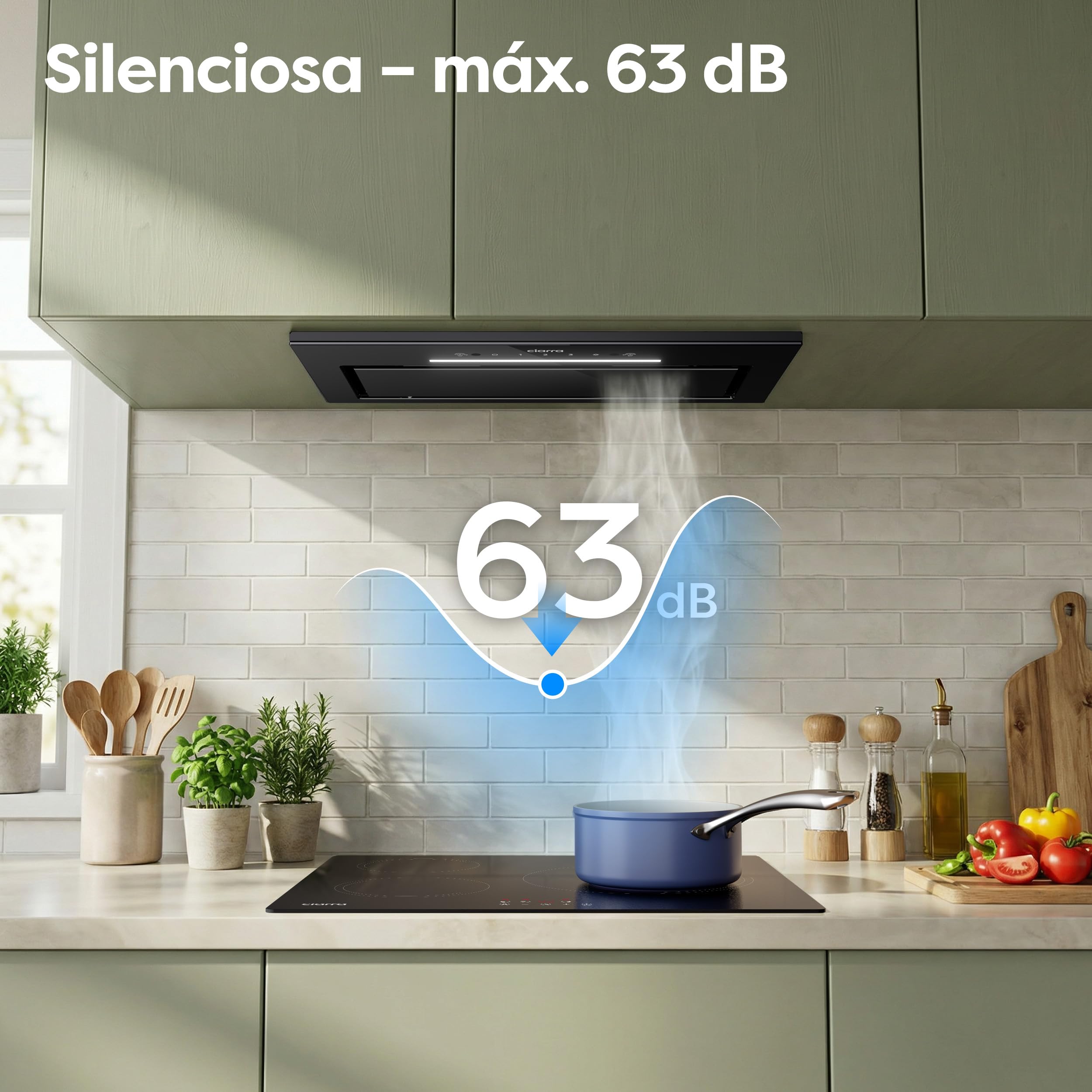 CIARRA CBCB5931A Campana Extractora Integrada de 52 cm Control de Onda 59dB | 466m³/h Ventilador Extractor de Cocina Integrado, Luz LED, Filtro de Carbono CBCF055 incluido