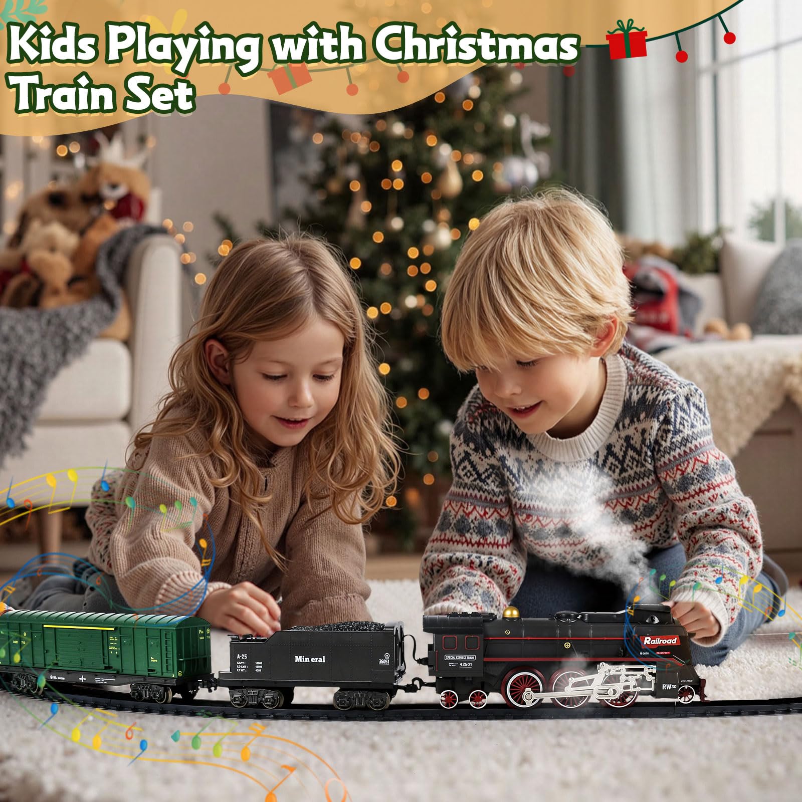 Tren teledirigido eléctrico de Navidad 2.4GHz con Vapor, Luces y Sonido, Incluye Locomotora, vagones y vías, batería Recargable USB, decoración Debajo del árbol, Regalo Ideal para niños Desde 3 años.