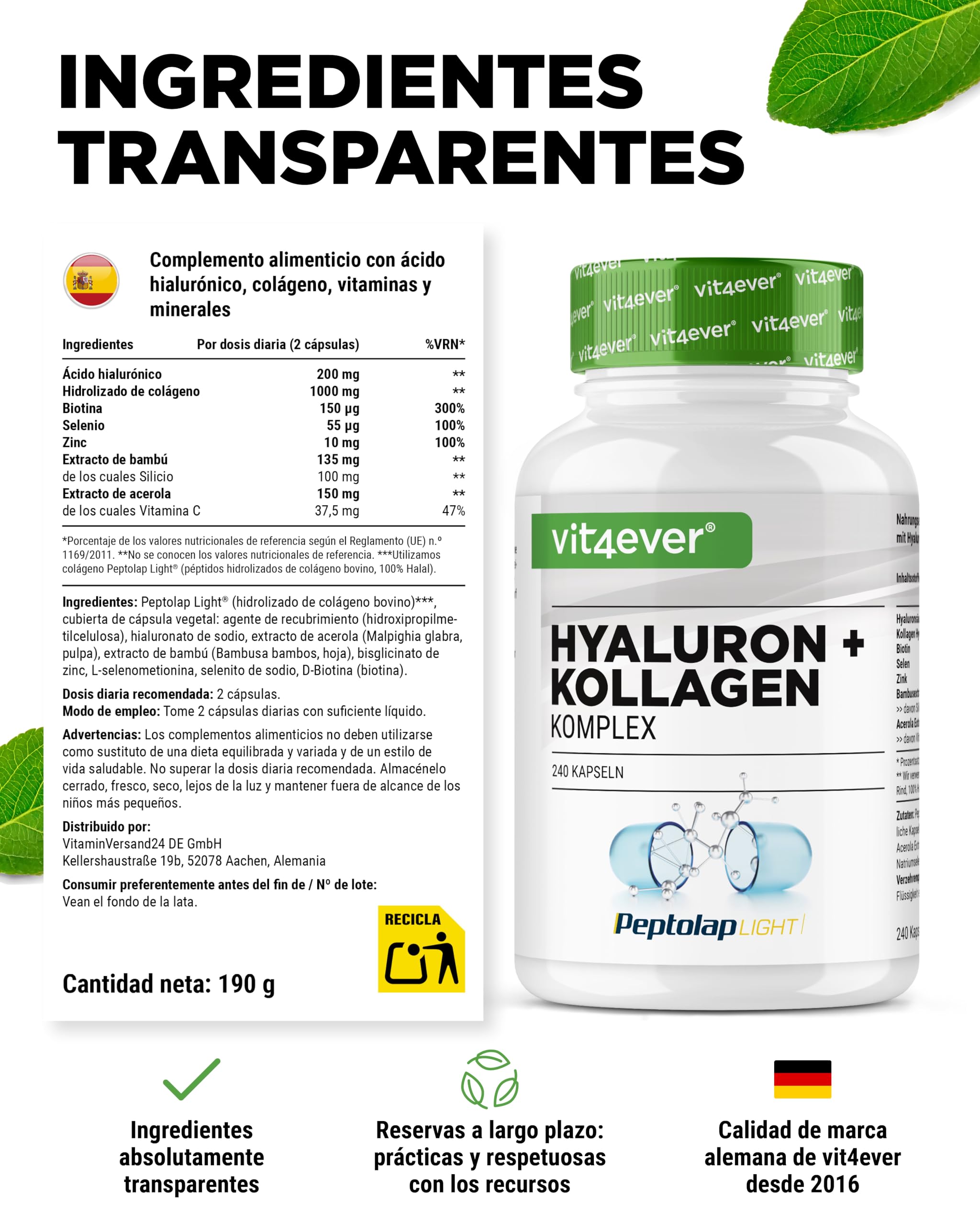 vit4ever Complejo de Ácido Hialurónico y Colágeno - 240 cápsulas - Premium: Con Biotina Bioactiva, Selenio, Zinc, Vitamina C natural de la Acerola y Silicio de Bambú