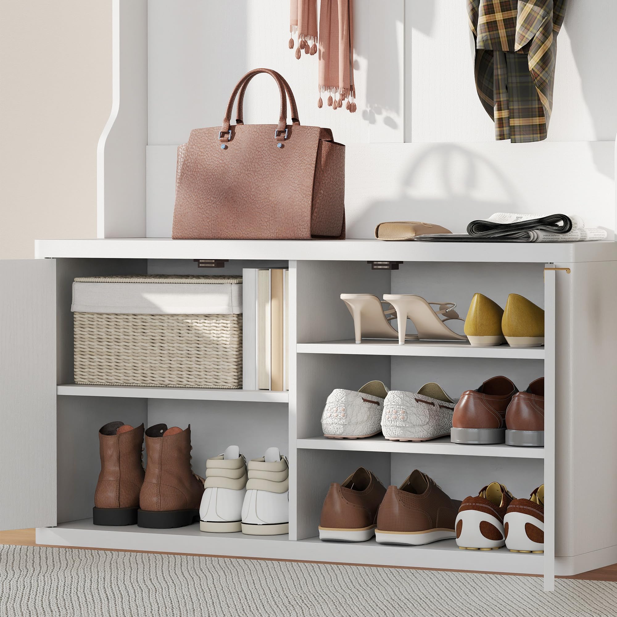 HOMCOM Perchero Zapatero con 2 Puertas y 6 Ganchos 100x38x172 cm Blanco | Perchero Recibidor Entrada, Estantes Abiertos, para Abrigos Pasillo Dormitorio Salón, Estilo Moderno