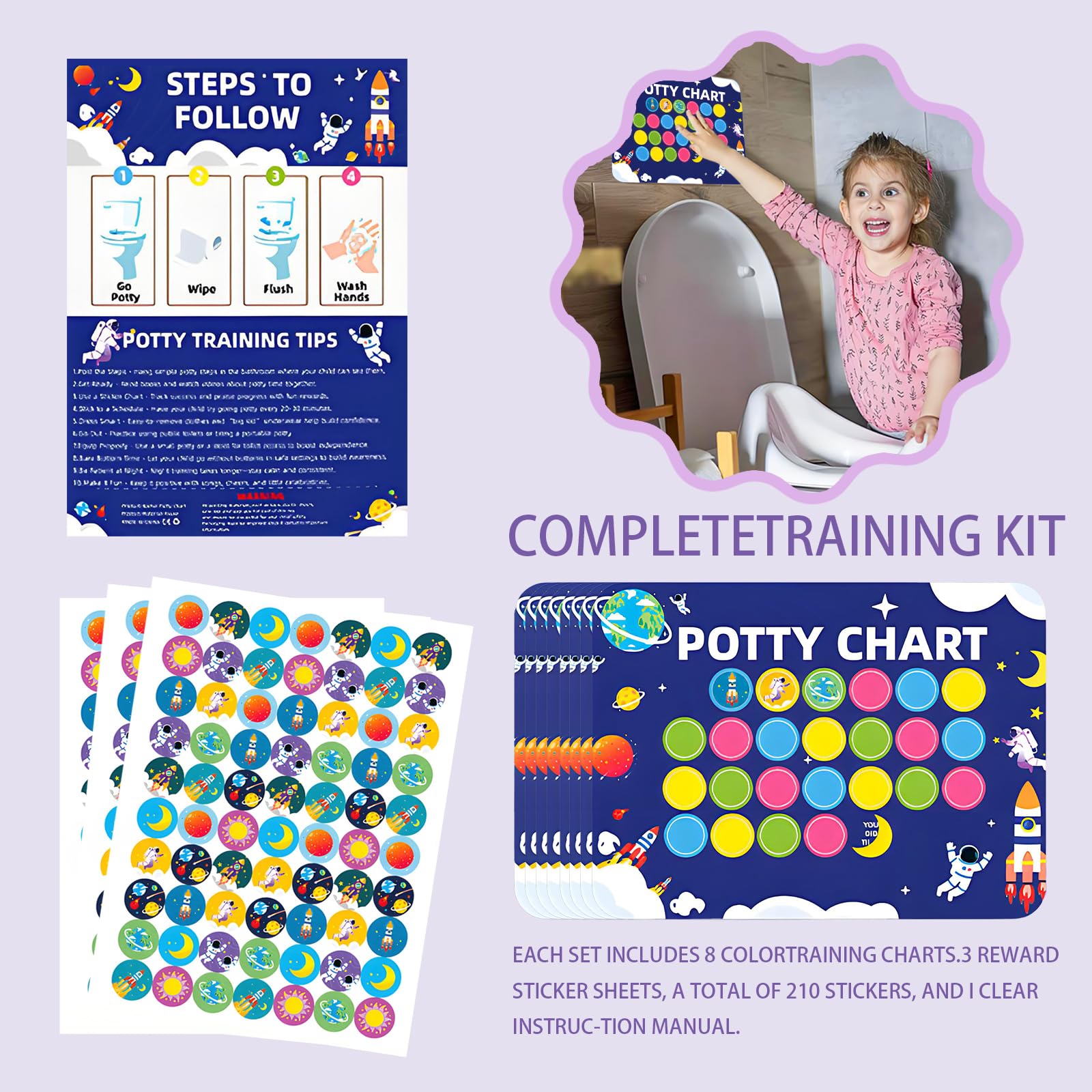 12 Pcs Potty Training Reward Chart with 210 Stickers Toilet Training Sticker Chart for Toddlers Fun & Motivational Space Pattern Wipe-Clean Easy to Use Ideal for Home & Preschool - Image 4