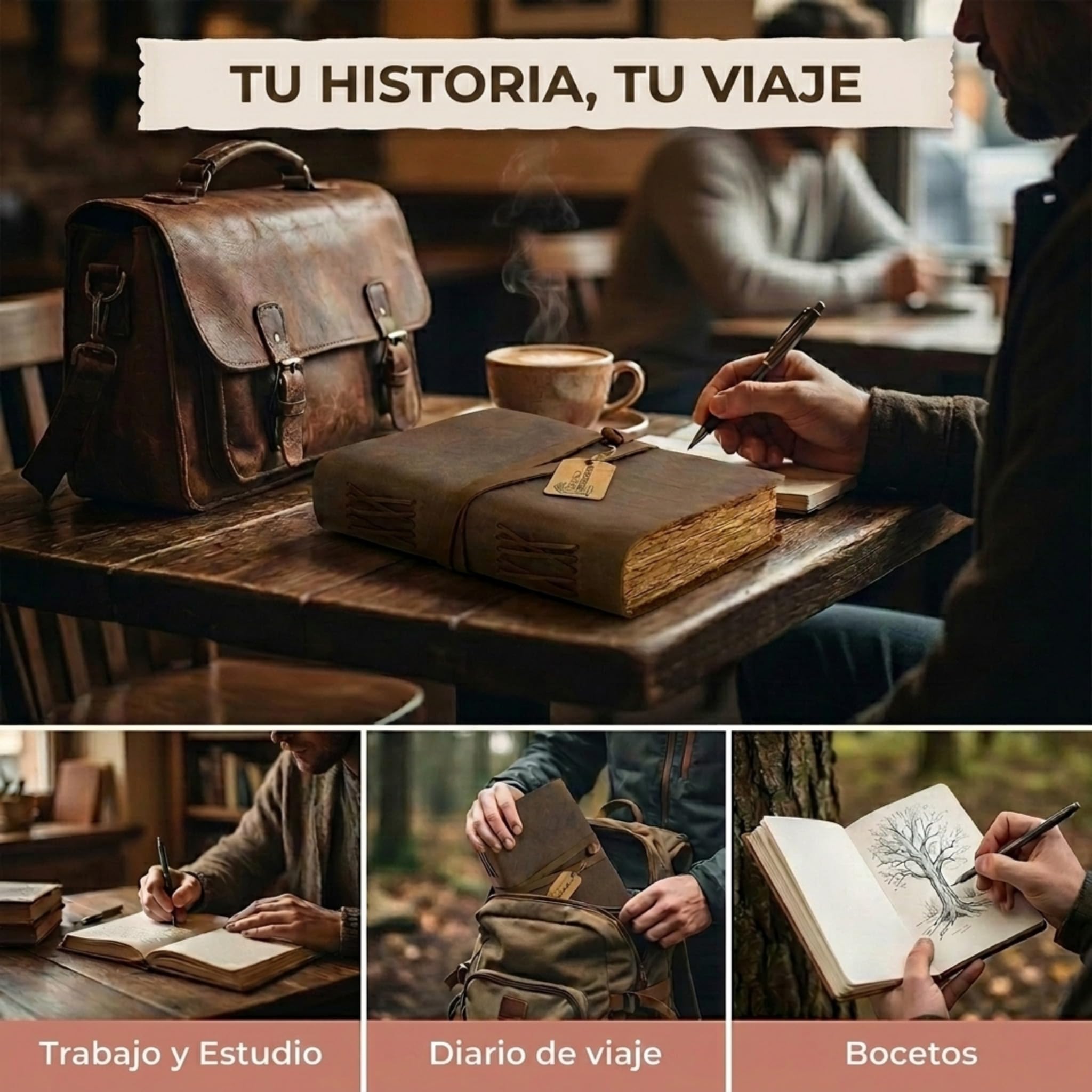 moonster® Cuaderno Cuero, 240 Páginas de Papel de Algodón sin Madera con Bordes Irregulares – Cuaderno de Notas – Diario Vintage Hecho a Mano – Diario Personal Estilo Antiguo 20x15cm