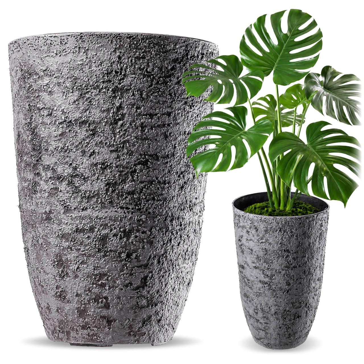 KADAX Pflanzkübel Ø 35 x H 50 cm, großer Blumentopf in realistischer Steinoptik, Pflanzentopf aus Kunststoff, wetterfester Blumenkübel für Terrasse (Grau)