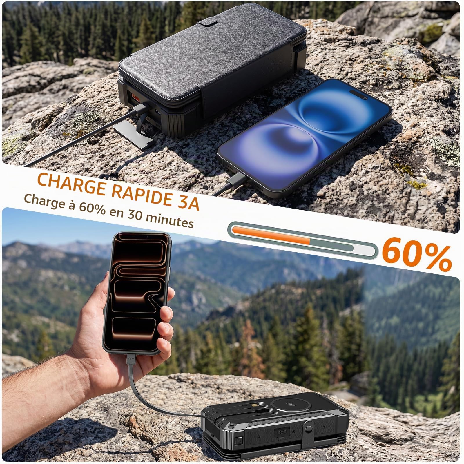 Batterie Externe Solaire 63000mAh chargeur portable sans fil avec 4 câbles, PD QC 3.0 chargement rapide, lampes à poche pour camping