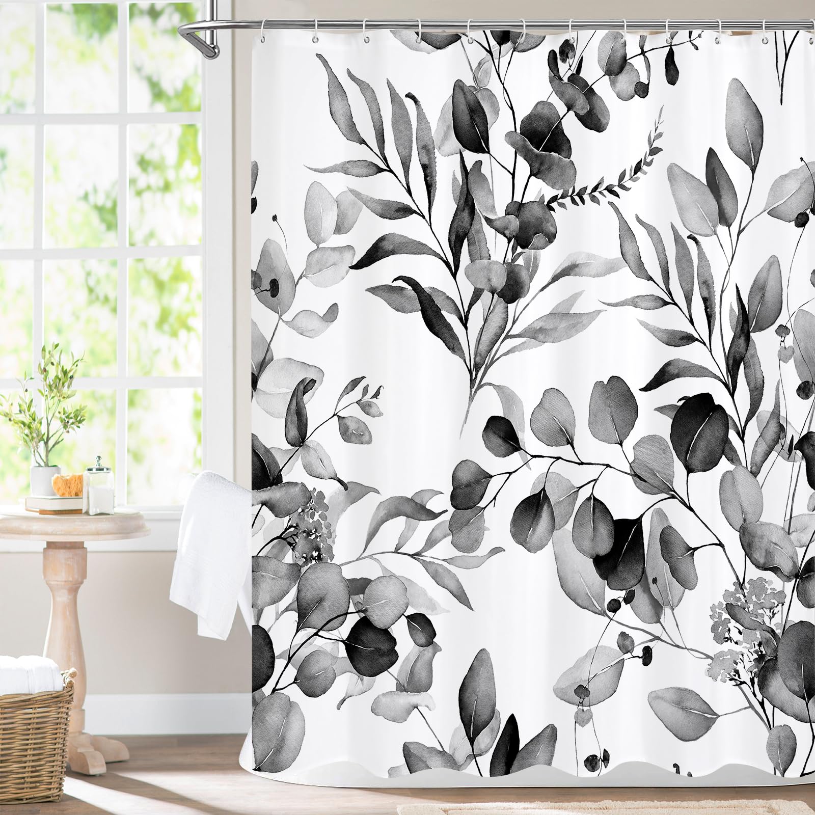 MitoVilla Black Spring Floral Shower Curtain, Modern Plants Botanical Fabric Cloth Shower Curtains for Chic Elegant Bathroom Decor, Summer Watercolor