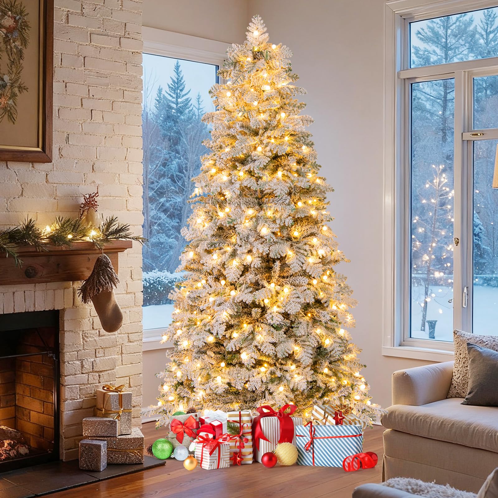 COSTWAY Árbol de Navidad Nevado 210cm, Arbol de Navidad con Luces Incorporadas, 160 Bolitas Destellantes, 320 Luces LED, Blanco Cálido, 8 Modos, 806 Puntas de PVC y PE, Arvore de Natal W/Light (210cm)