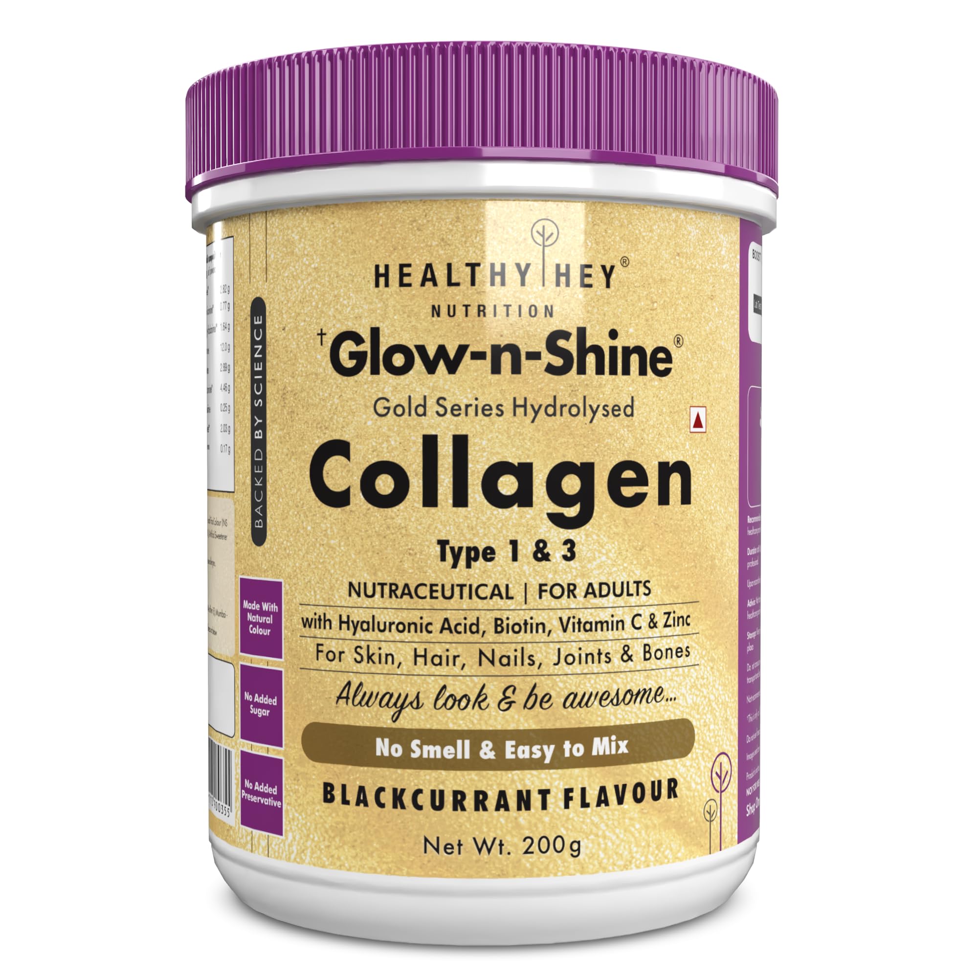 HealthyHey Skin Glow-n-Shine® Collagen Powder 200g | Hydrolysed Collagen for Women and Men with Hyaluronic Acid, Biotin and Vitamin C for Healthy Skin, Hair and Nails - (Black Currant, 200gm)