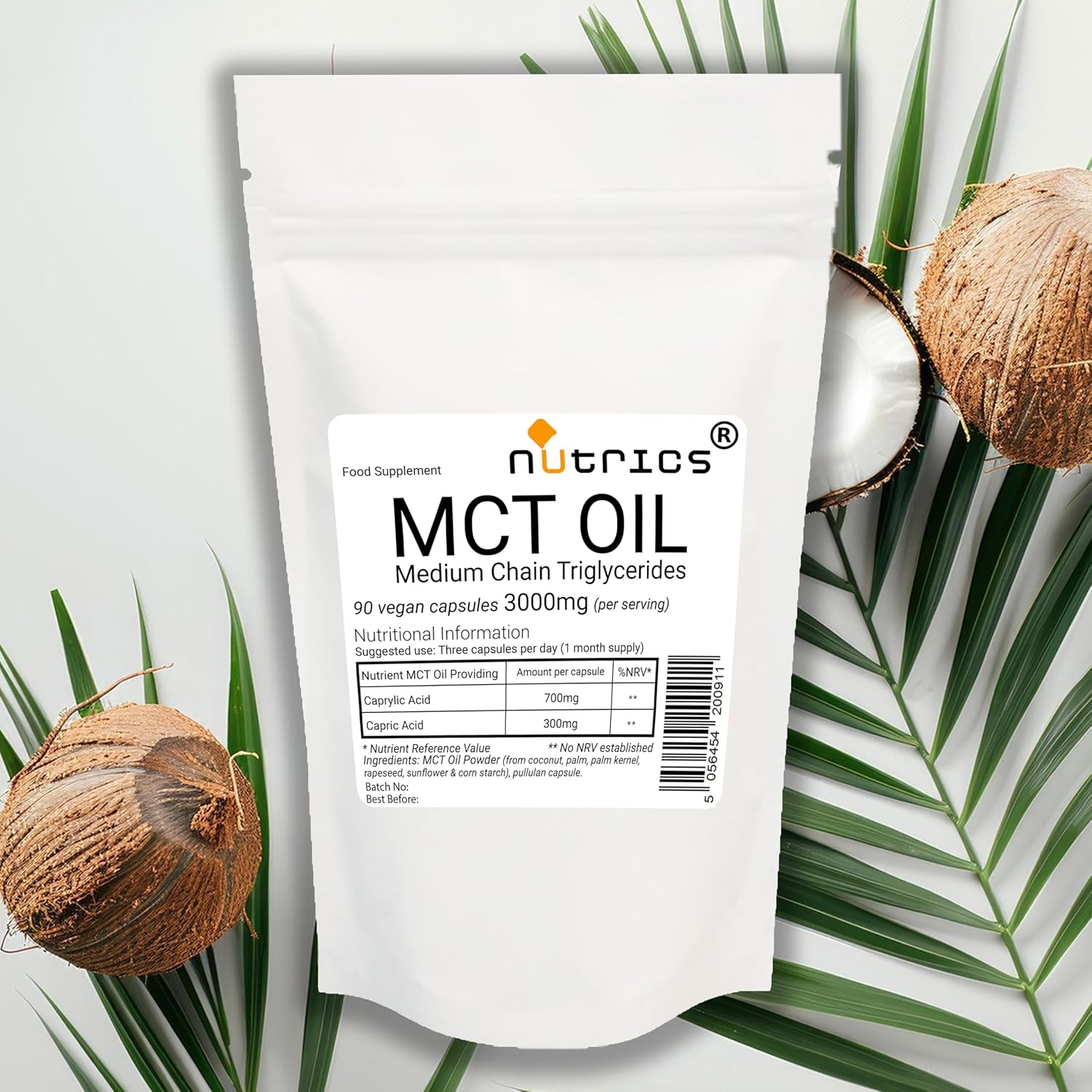 MCT Oil 3000mg 90 V Capsules (1 Month Supply) Medium-Chain Triglycerides (MCTs) – Boosts Ketones – Suitable for Vegan