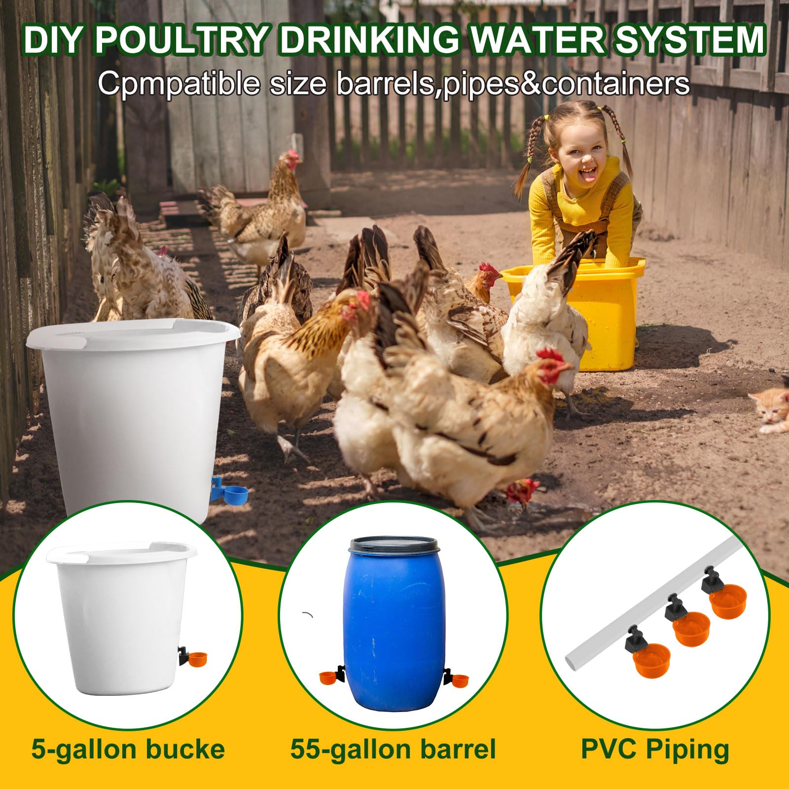 Tanlade 50 paquetes de bebedero de pollo, kit de riego automático para aves de corral, pato, ganso, pavo y conejito (naranja)