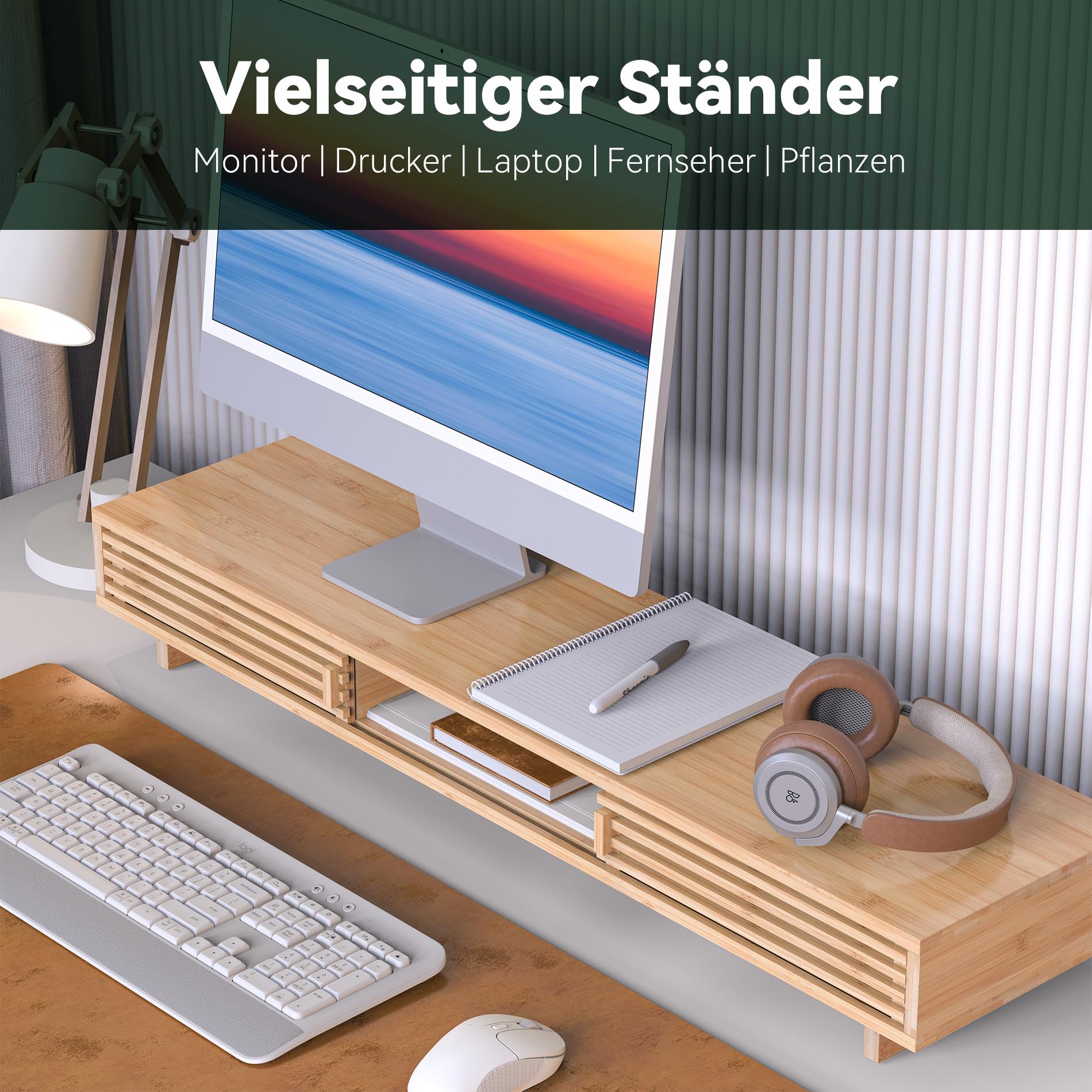WELL WENG Dual Monitorständer Riser aus Holz für Monitor Bambus 96.7cm | Bildschirmerhöhung 2 monitore mit Schiebetüren im Gitter-Design Schreibtisch-Regal-Organizer mit Ordnungssystem