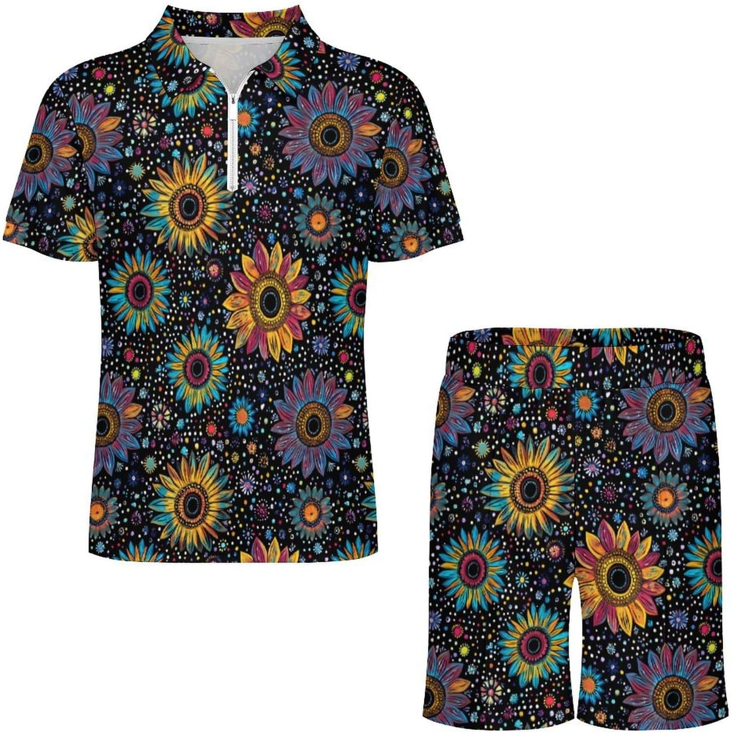 Sunflower Painting Mens Polo Shirts Track Suits 2 Piece Short Sleeve Sweatsuit 1/4 Zip Golf Loungewear for Sports