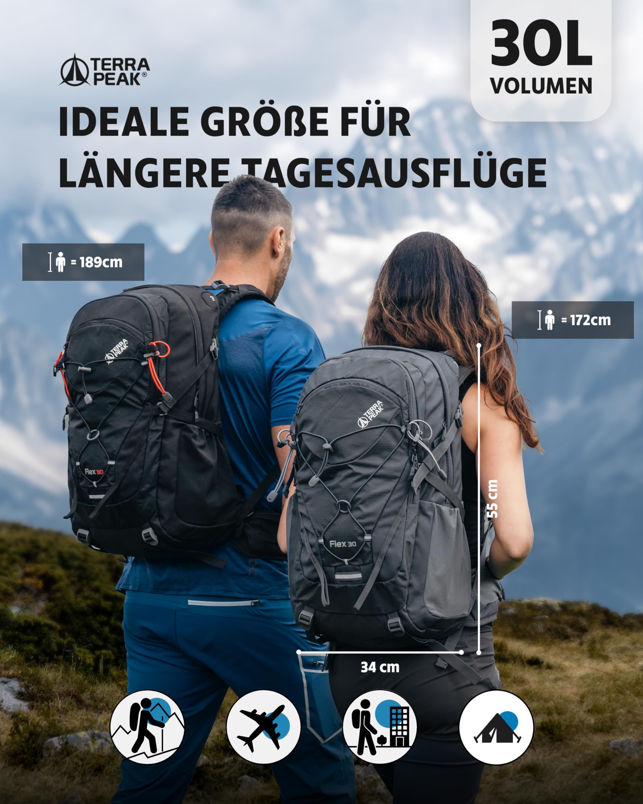 Terra Peak® Premium Wanderrucksack 30L (FLEX 30) für Damen & Herren mittelgroß mit Rückenbelüftung, Regenschutz & Trinksystem-Halterung - Trekkingrucksack ergonomisch aus 3D Air Mesh & Hüftgurt